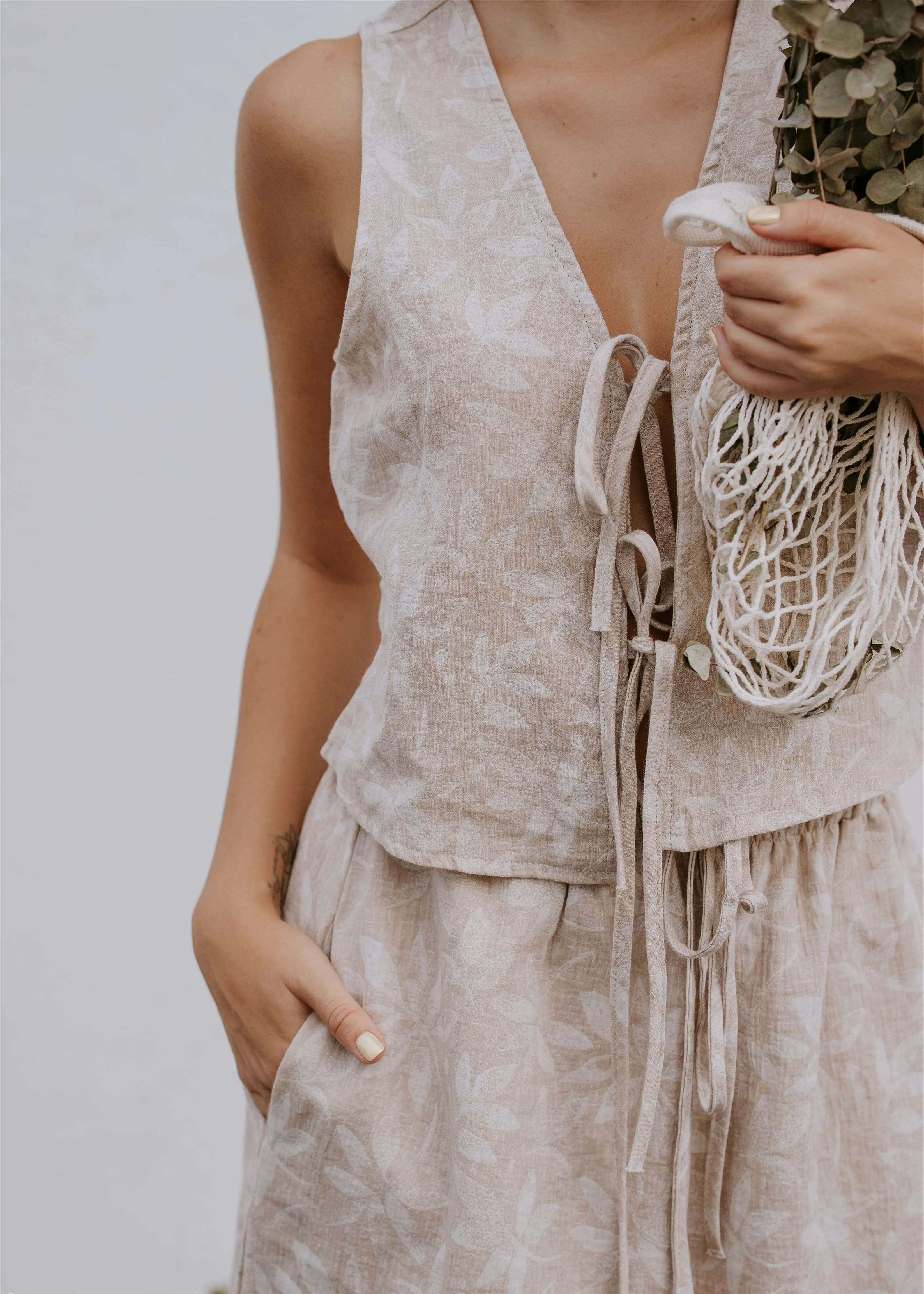 YUA Jakarlı Muslin Yelek & Etek Takım, %100 Pamuk Kadın Ev Giyimi, Doğal Muslin Kumaş, Rahat Yazlık İki Parça Takım