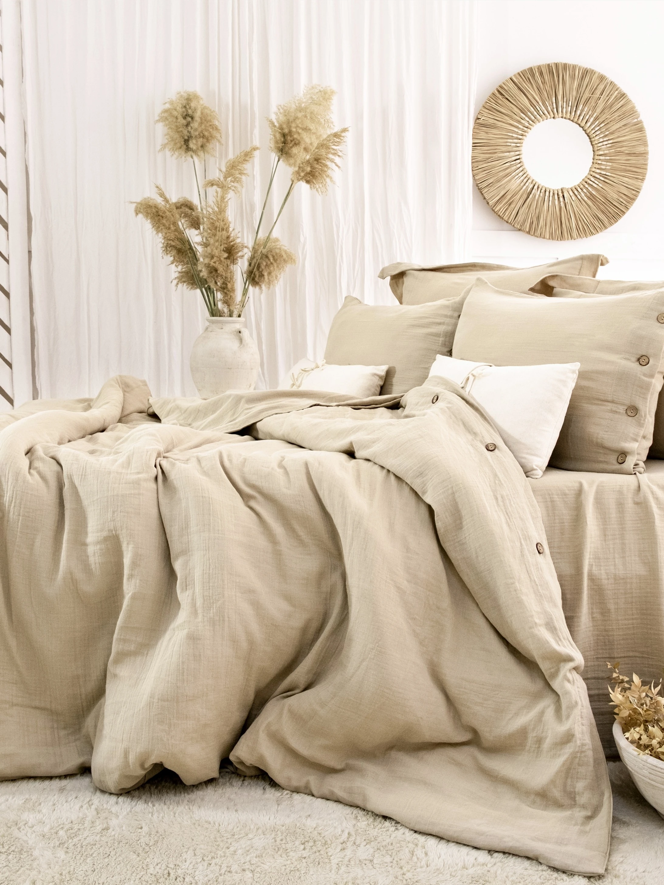 Vetro Müslin Nevresim Takımı – Düğmeli Tasarımlı, %100 Pamuk Müslin Kumaş, Doğal Dokusu ile Nefes Alan 6 Parça Yatak Odası Seti