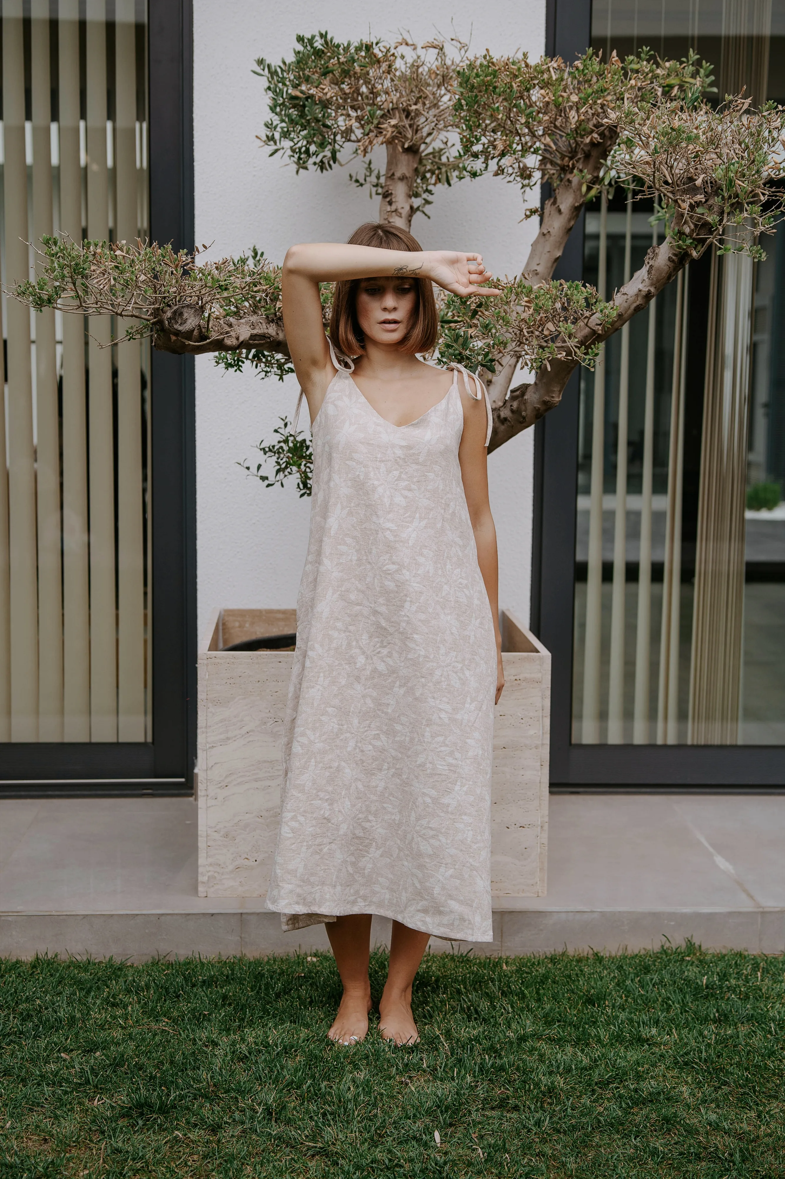 HANNA Jakarlı Muslin İp Askılı Elbise, %100 Pamuk Kadın Elbise, Rahat Ev Giyimi, Yazlık Elbise, Doğal Muslin Kumaş