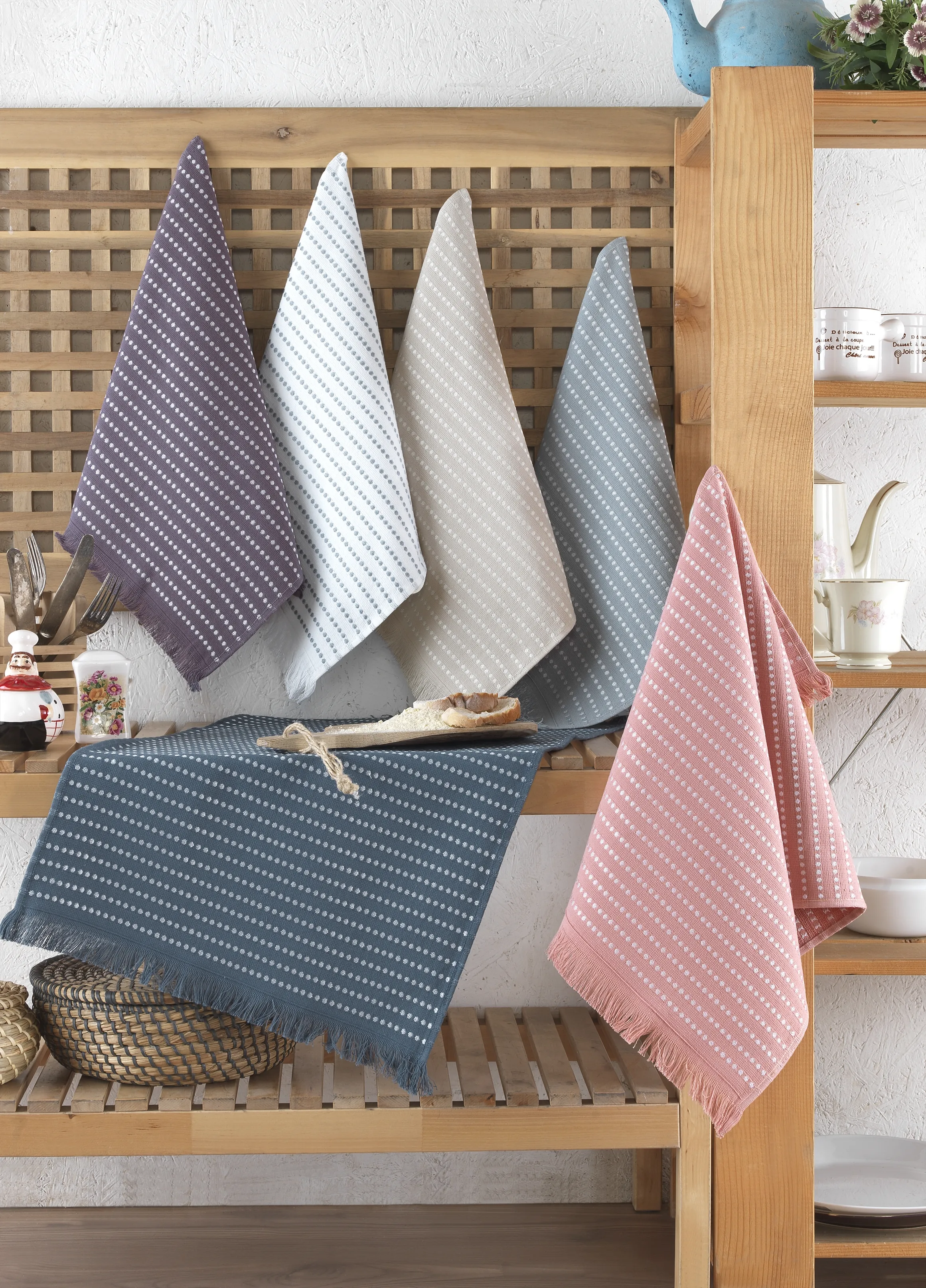 Berlino 6’lı Jakarlı Mutfak Peçetesi – %100 Pamuk, Nokta Desenli Sofra Bezi, 40x60 cm Yumuşak ve Emici Dokuma Peçete Seti