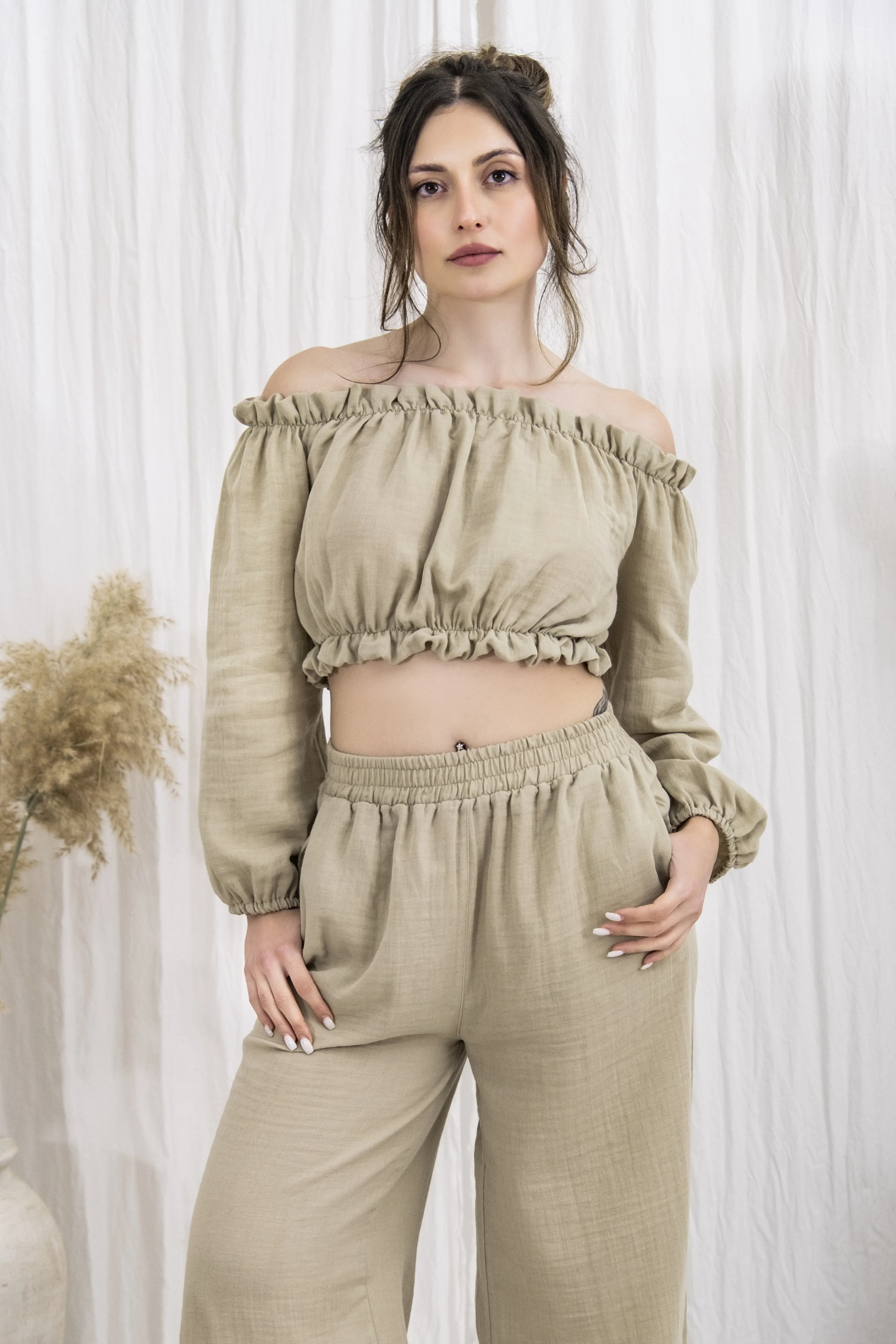 ARCH Muslin Pijama Takımı, %100 Pamuk Kadın Ev Giyim Seti, Omzu Açık Üst ve Geniş Paça Pantolon, Rahat Kadın Pijama Takımı