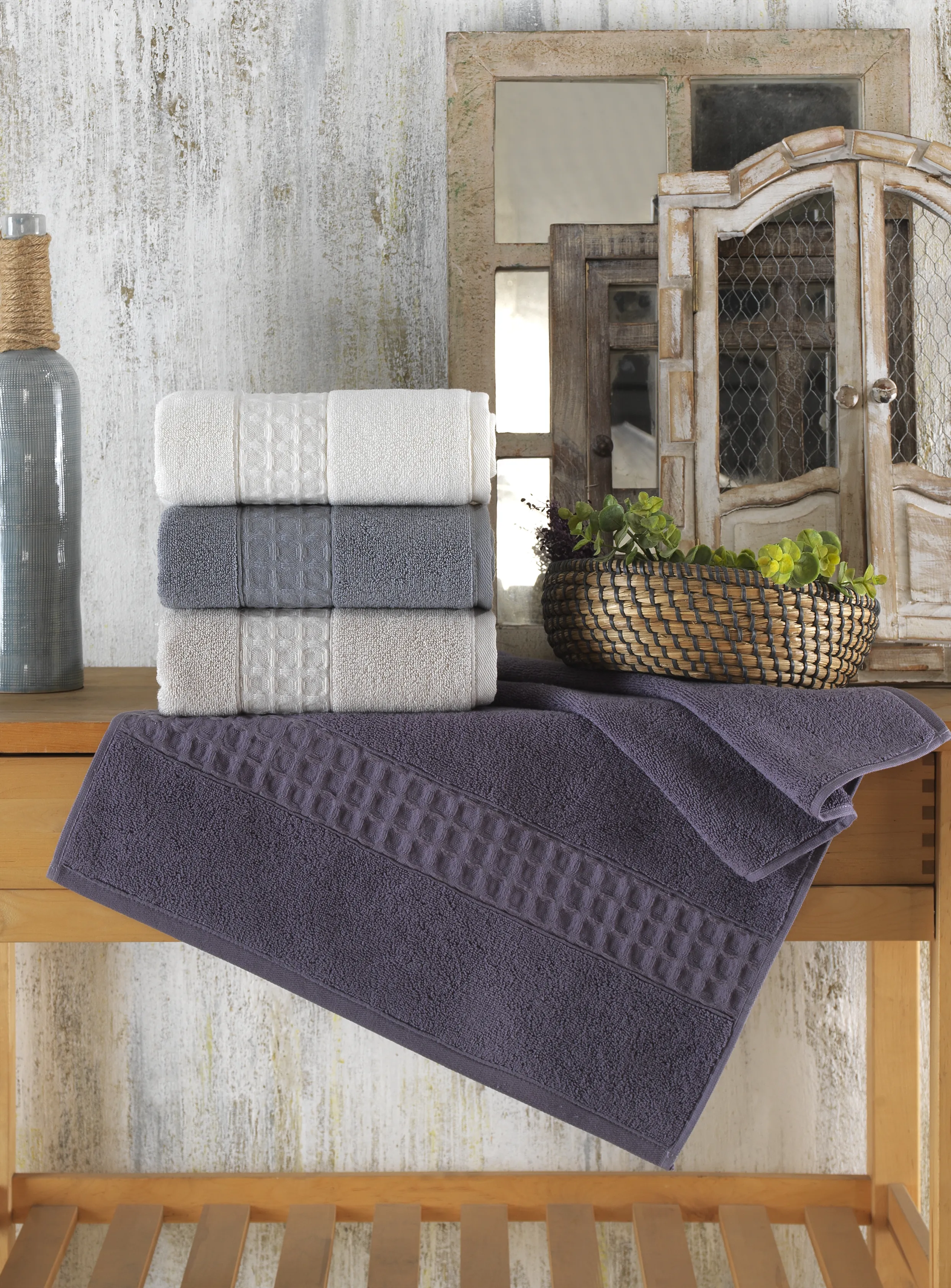 Aria 6’lı Havlu Seti – %100 Pamuk, Yüksek Emicilik, Kare Dokuma Bordürlü, Soft ve Dayanıklı Havlu Koleksiyonu