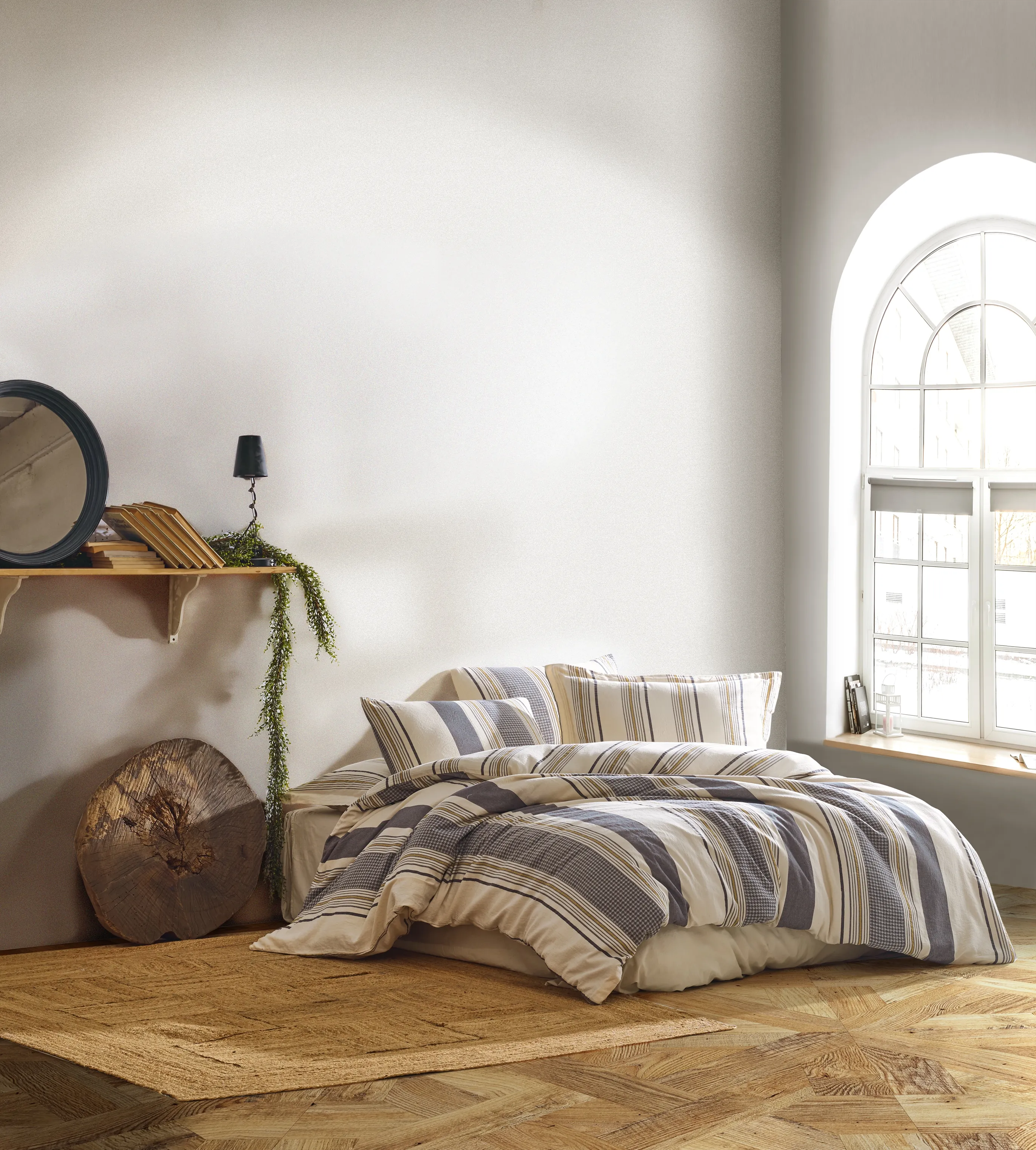 Lagos İplik Boyalı Nevresim Takımı – Lacivert, Gri ve Hardal Çizgili %100 Pamuklu Dokuma, Doğal Dokusu ile Modern ve Zarif Yatak Odası Seti