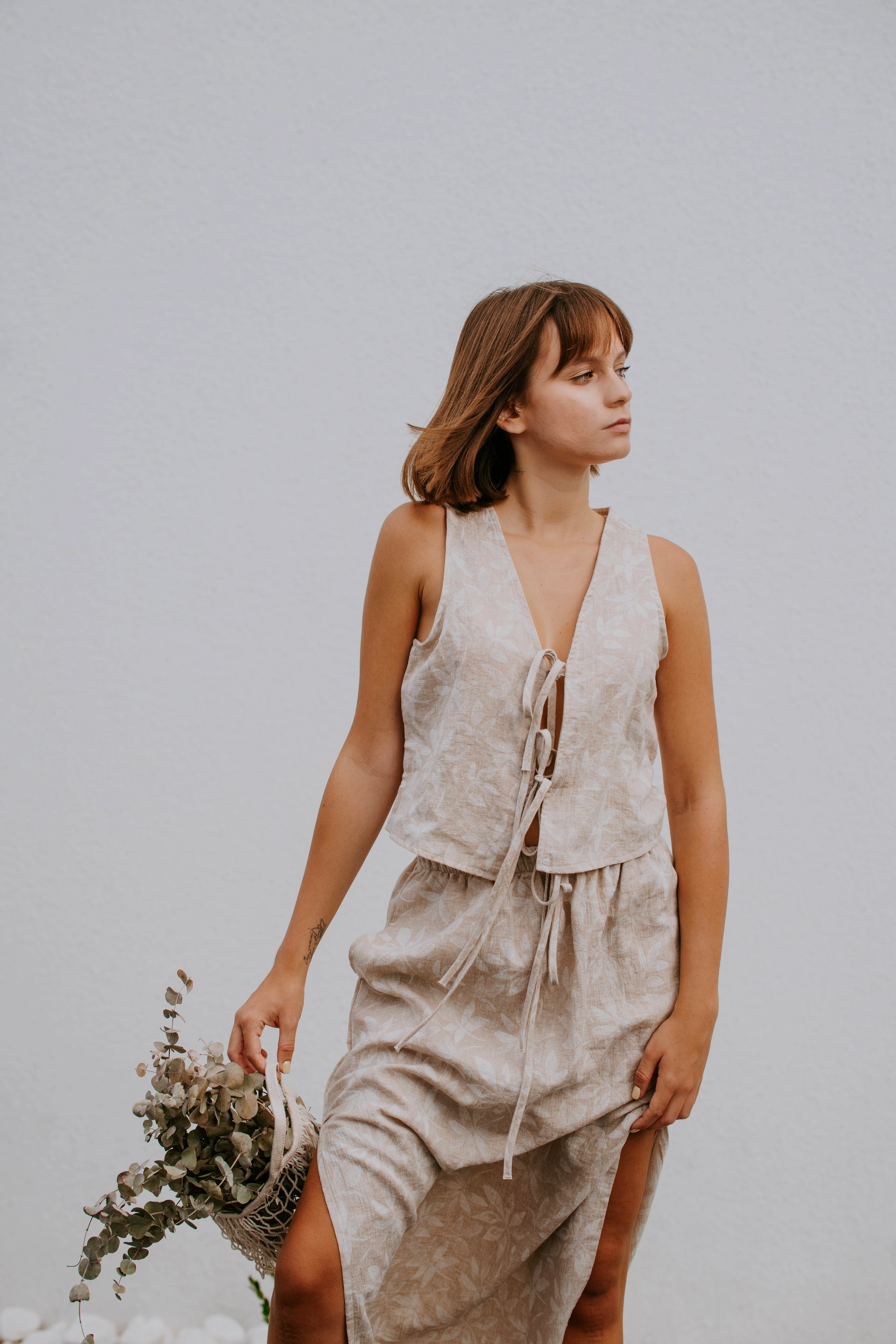 YUA Jakarlı Muslin Yelek & Etek Takım, %100 Pamuk Kadın Ev Giyimi, Doğal Muslin Kumaş, Rahat Yazlık İki Parça Takım