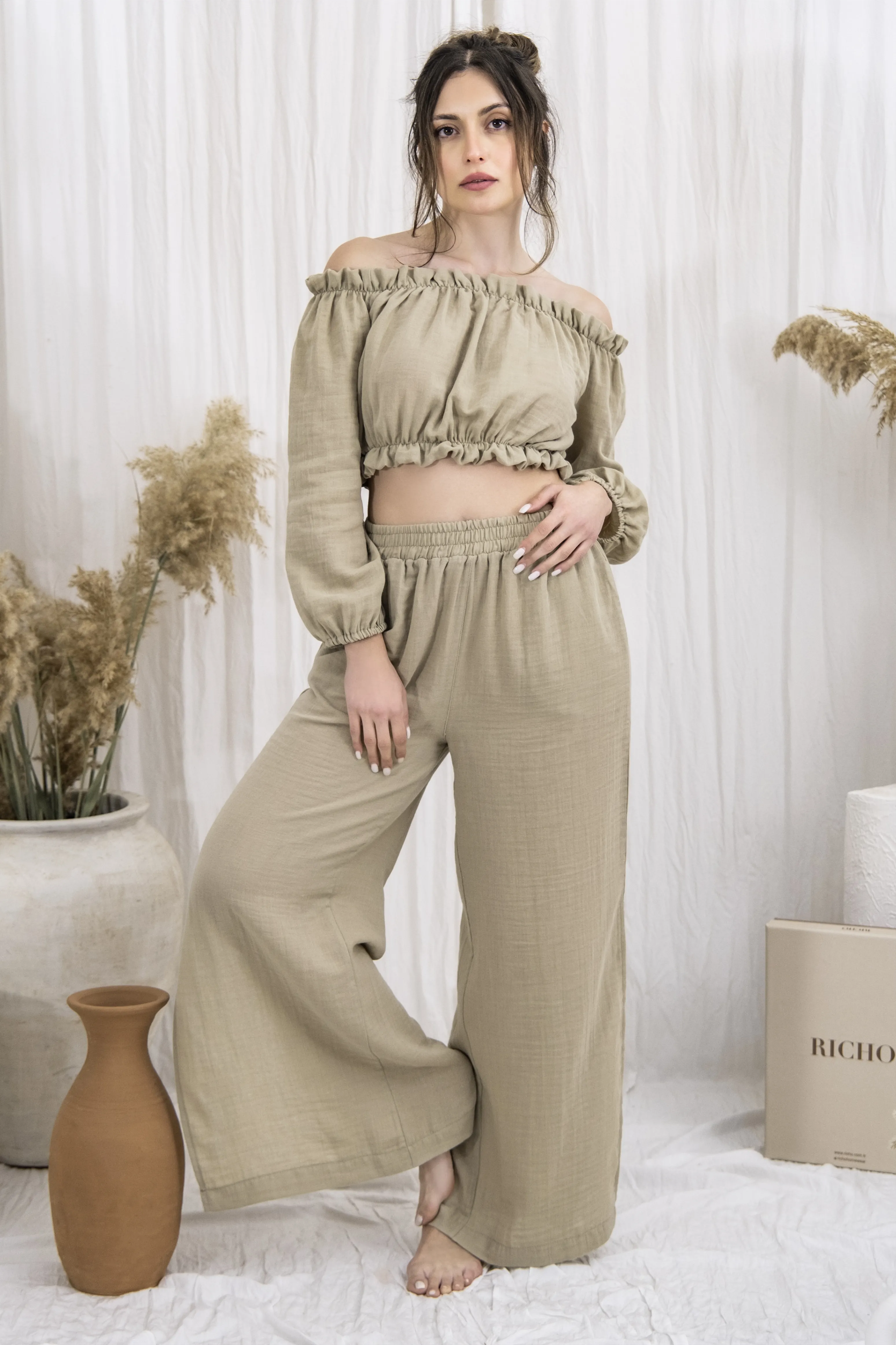 ARCH Muslin Pijama Takımı, %100 Pamuk Kadın Ev Giyim Seti, Omzu Açık Üst ve Geniş Paça Pantolon, Rahat Kadın Pijama Takımı