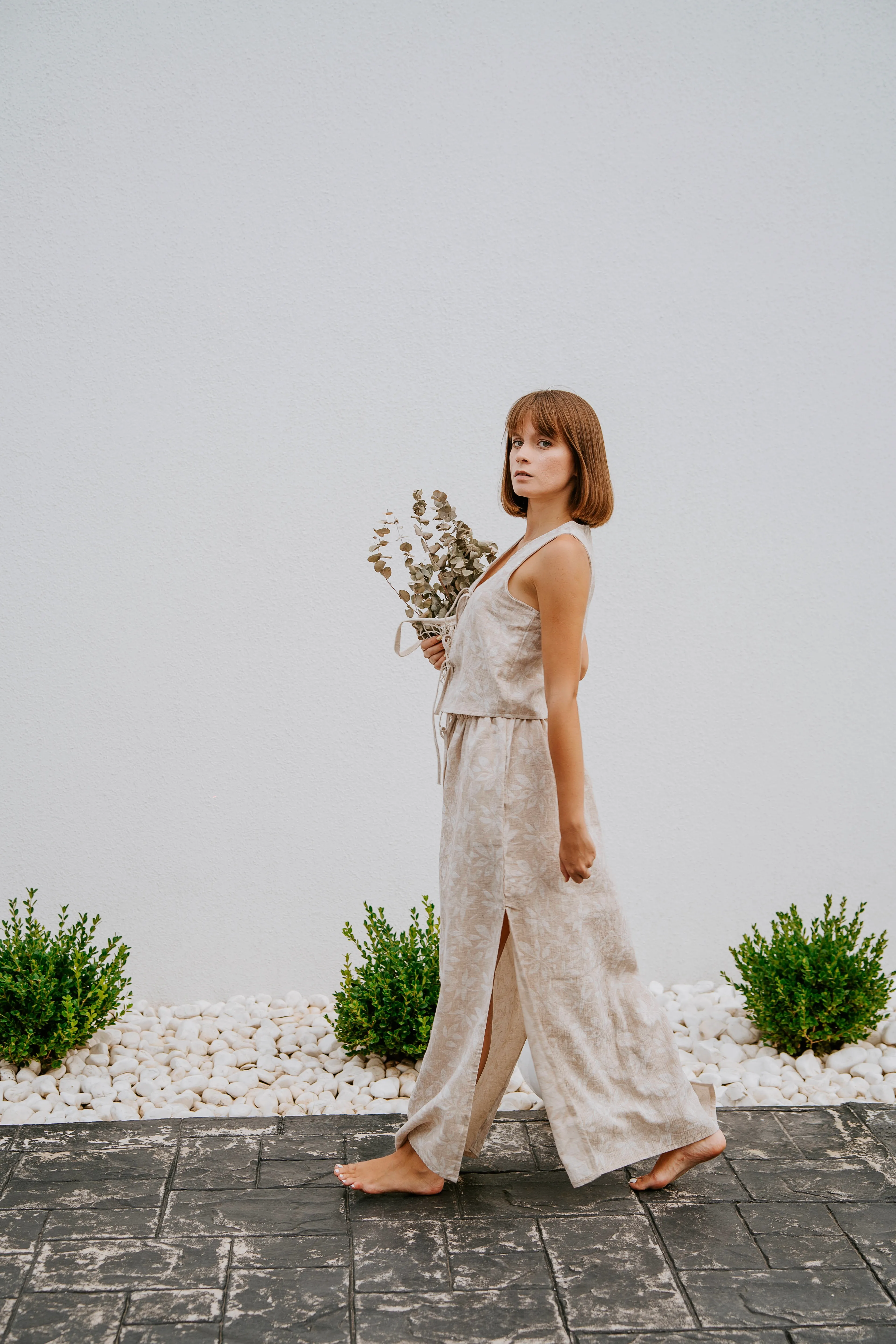 YUA Jakarlı Muslin Yelek & Etek Takım, %100 Pamuk Kadın Ev Giyimi, Doğal Muslin Kumaş, Rahat Yazlık İki Parça Takım