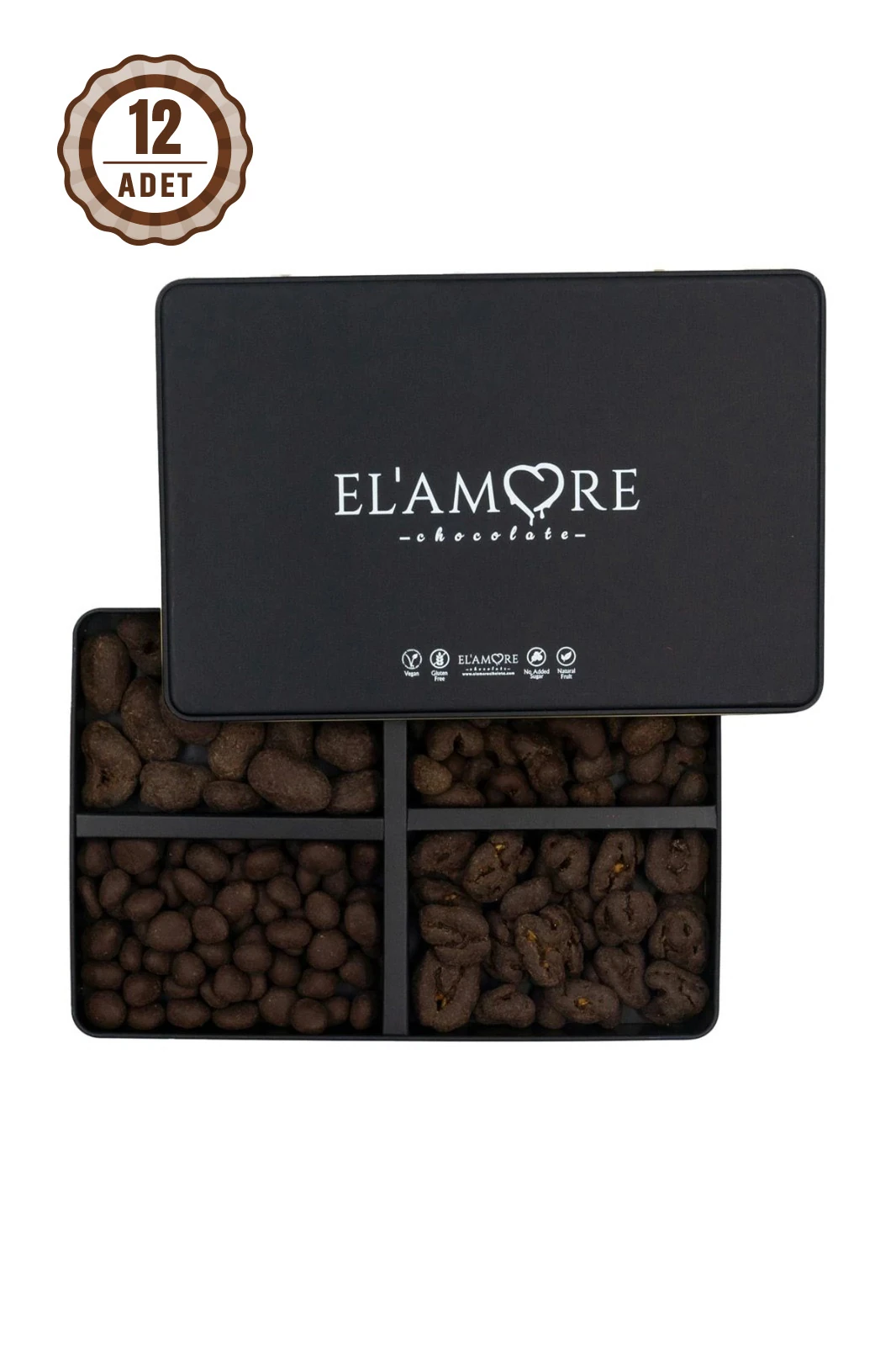 Şeker İlavesiz, Glütensiz, Vegan Mix Kurumsal Çikolata - Büyük Metal Kutu, 400 gr (12 Adet)