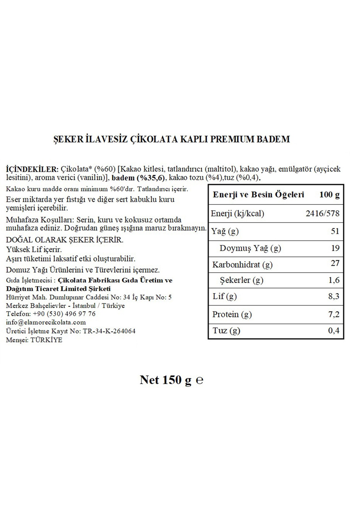 Şeker İlavesiz, Glütensiz, Vegan Premium Bademli Bitter Çikolata - Siyah Yuvarlak Metal Kutu, 150 gr