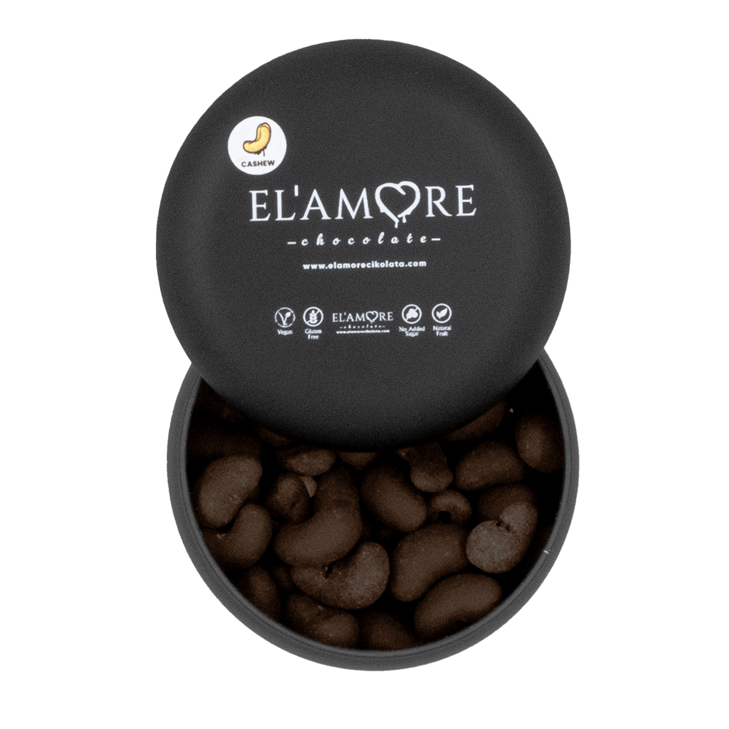 Şeker İlavesiz, Glütensiz, Vegan Kajulu Bitter Çikolata - Siyah Yuvarlak Metal Kutu, 150 gr