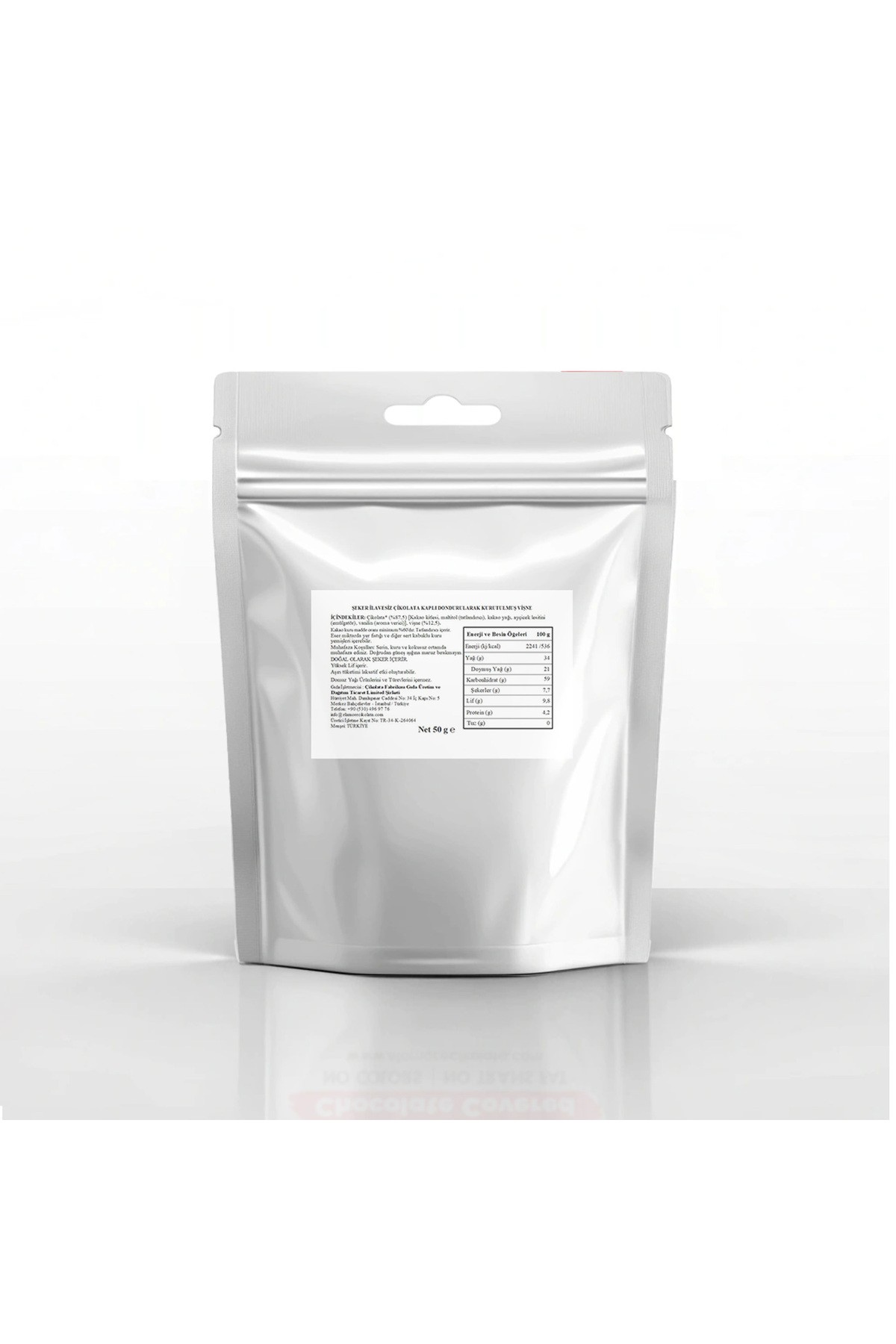 Şeker İlavesiz, Glütensiz, Vegan Freeze Dried Vişneli Bitter Çikolata - Doypack 50 gr