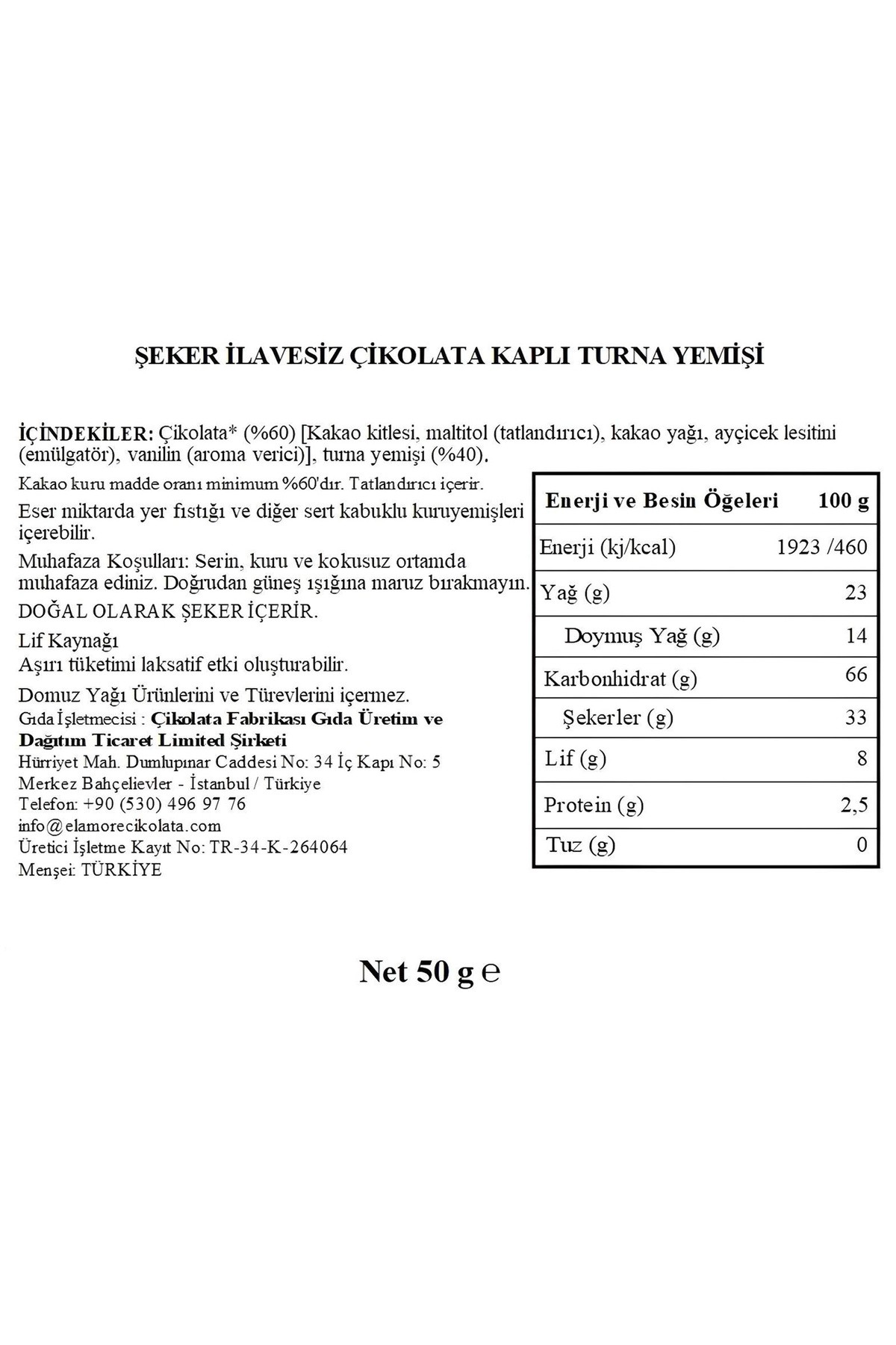 Şeker İlavesiz, Glütensiz, Vegan Turna Yemişli Bitter Çikolata - Doypack 50 gr