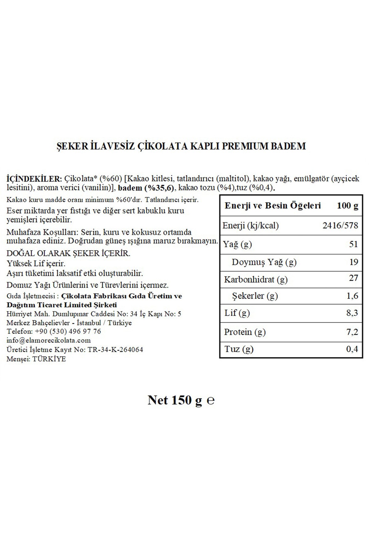 Şeker İlavesiz, Glütensiz, Vegan Premium Bademli Bitter Çikolata - Küçük Kare Metal Kutu, 150 gr