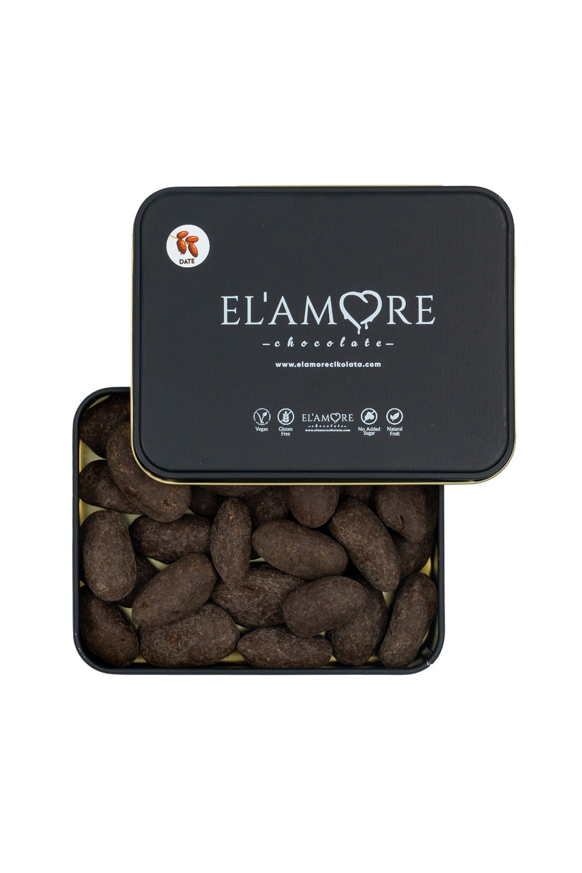 Şeker İlavesiz, Glütensiz, Vegan Hurmalı Bitter Çikolata - Küçük Kare Metal Kutu, 150 gr