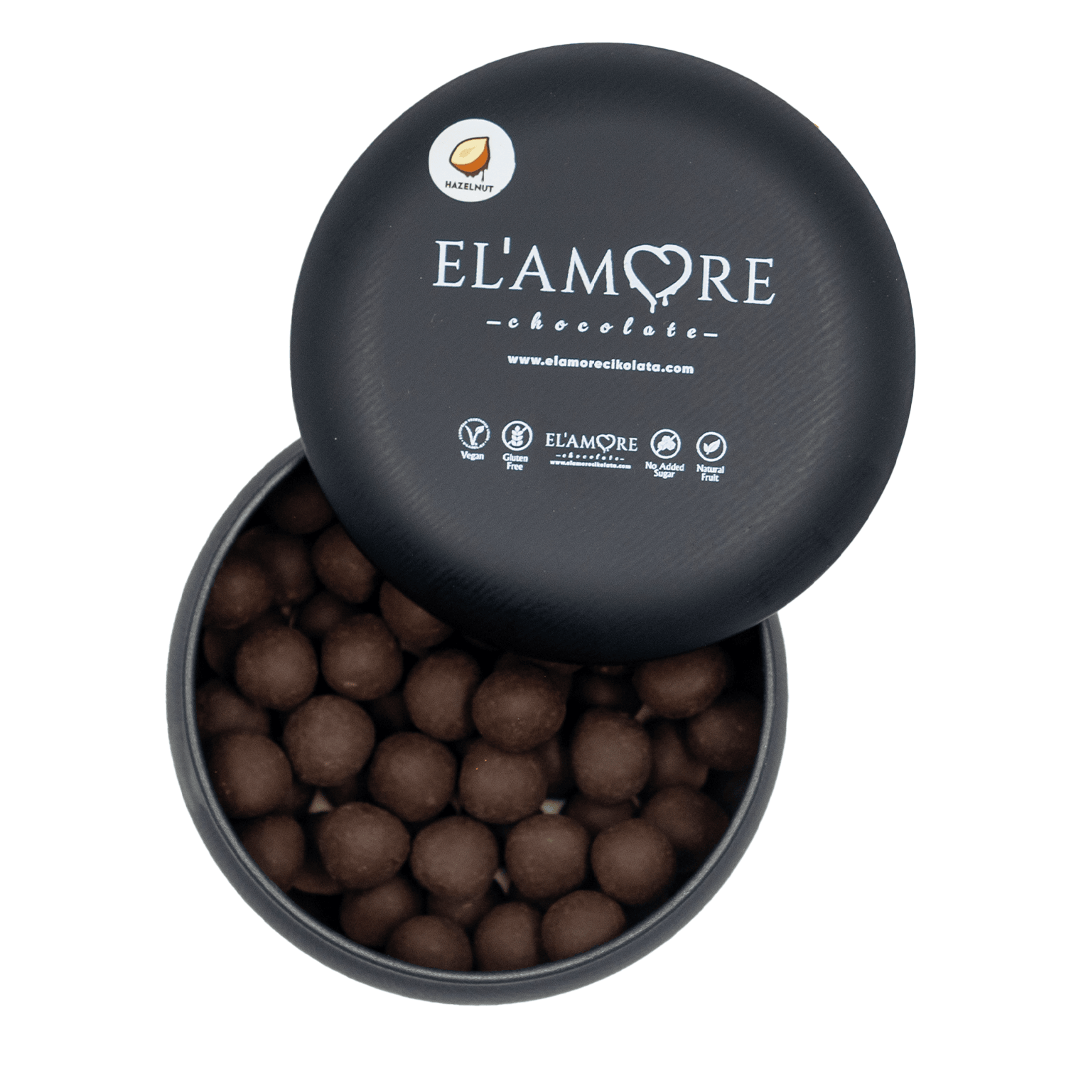 Şeker İlavesiz, Glütensiz, Vegan Fındıklı Bitter Çikolata - Siyah Yuvarlak Metal Kutu, 150 gr