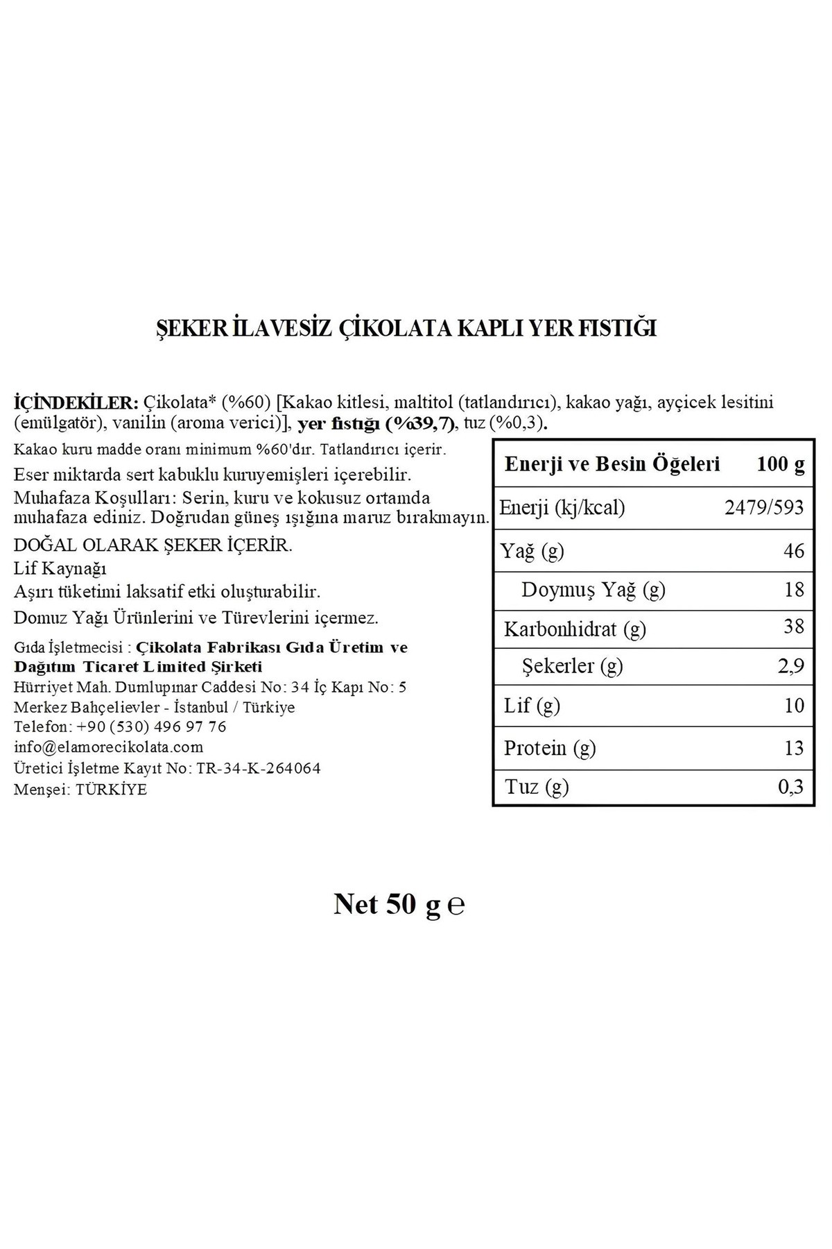 Şeker İlavesiz, Glütensiz, Vegan Yer Fıstıklı Bitter Çikolata - Doypack 50 gr