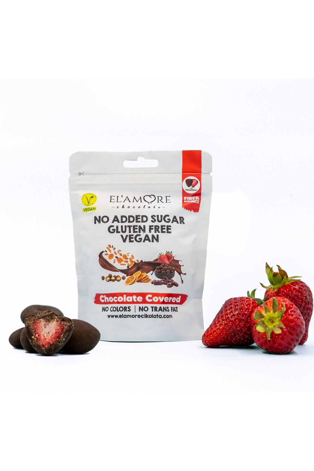 Şeker İlavesiz, Glütensiz, Vegan Freeze Dried Çilekli Bitter Çikolata - Doypack 50 gr