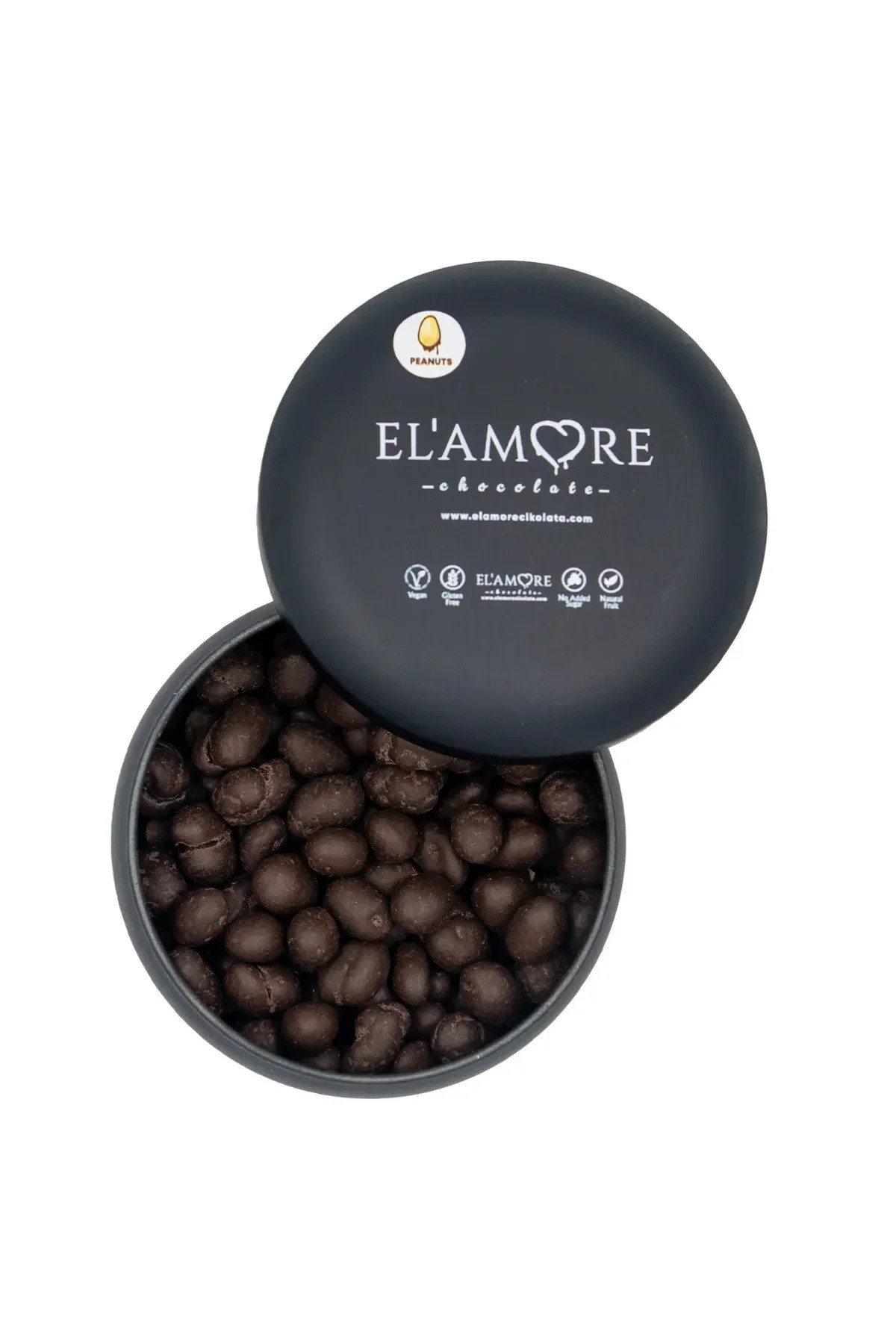 Şeker İlavesiz, Glütensiz, Vegan Yer Fıstıklı Bitter Çikolata - Siyah Yuvarlak Metal Kutu, 150 gr