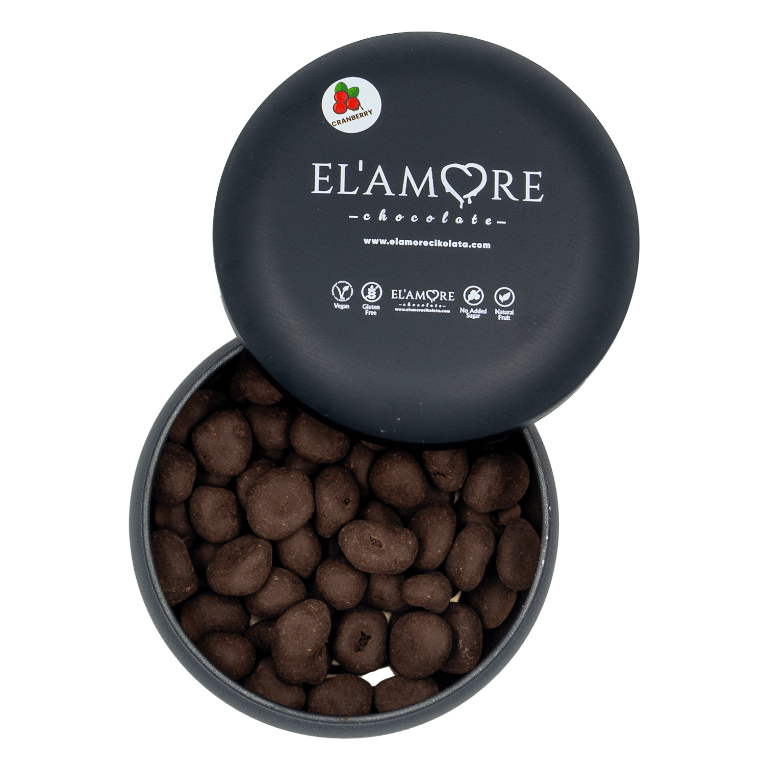 Şeker İlavesiz, Glütensiz, Vegan Turna Yemişli Bitter Çikolata - Siyah Yuvarlak Metal Kutu, 150 gr