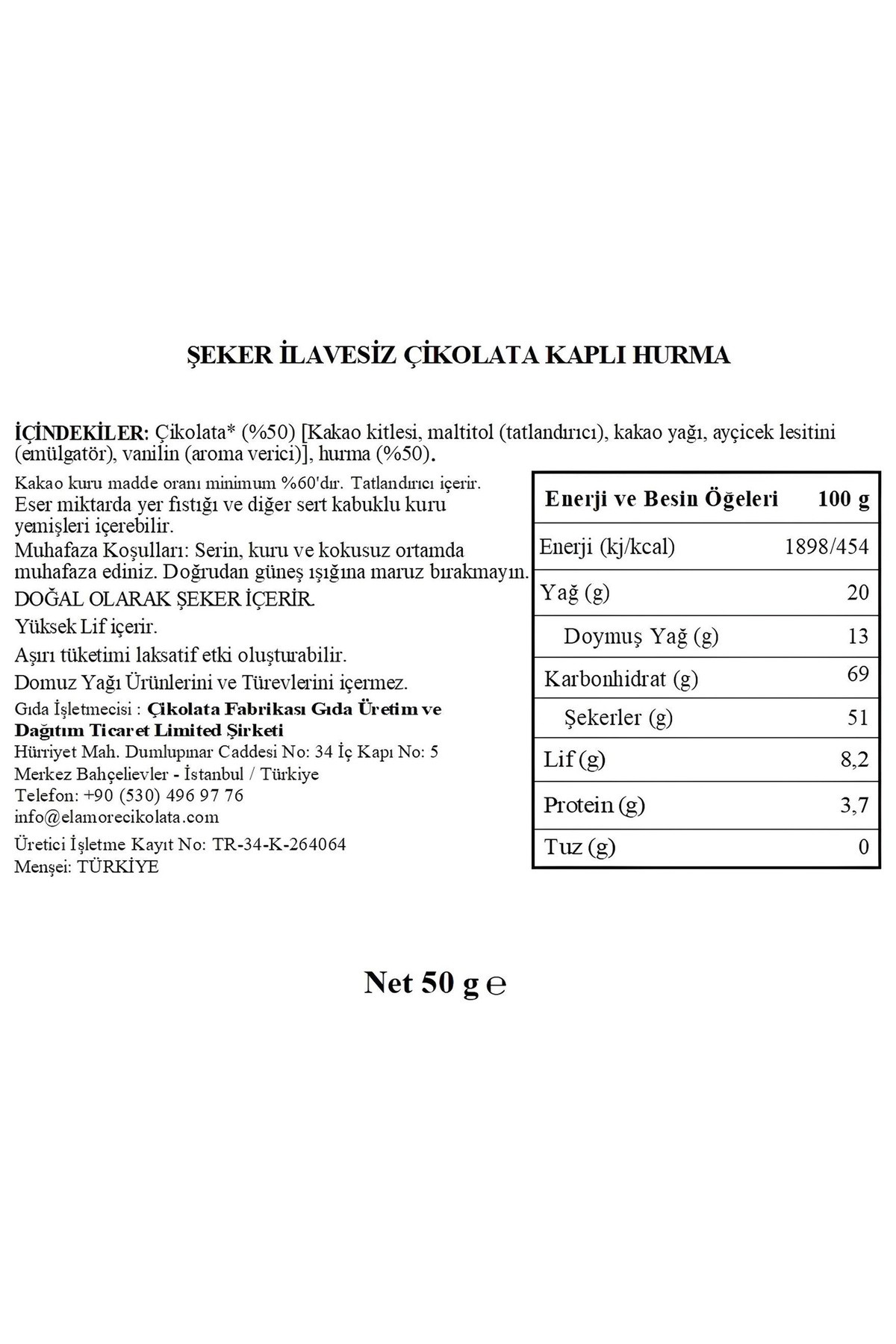 Şeker İlavesiz, Glütensiz, Vegan Hurmalı Bitter Çikolata - Doypack 50 gr