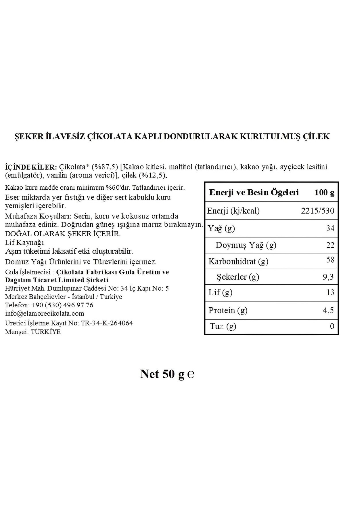 Şeker İlavesiz, Glütensiz, Vegan Freeze Dried Çilekli Bitter Çikolata - Doypack 50 gr