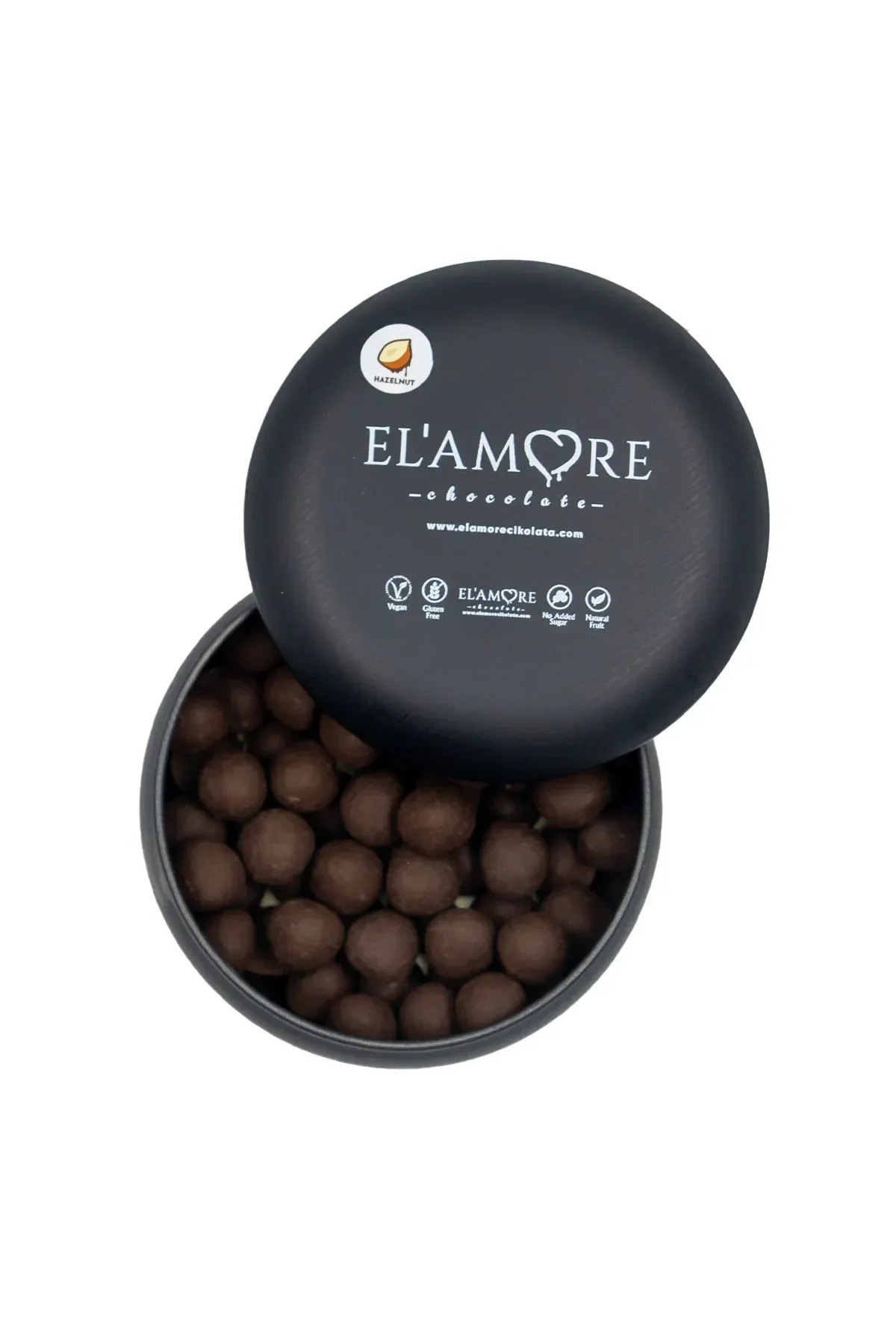 Şeker İlavesiz, Glütensiz, Vegan Fındıklı Bitter Çikolata - Siyah Yuvarlak Metal Kutu, 150 gr