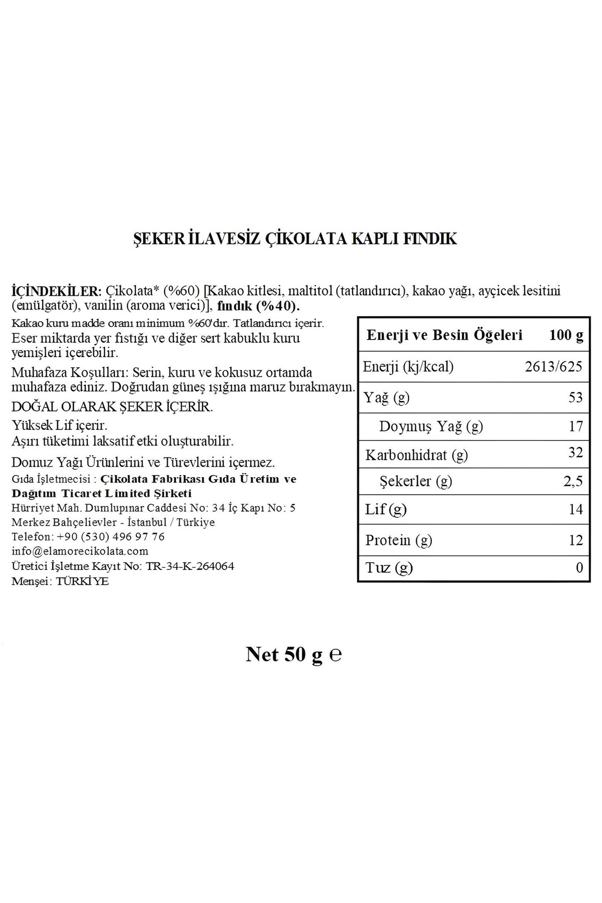 Şeker İlavesiz, Glütensiz, Vegan Fındıklı Bitter Çikolata - Doypack 50 gr