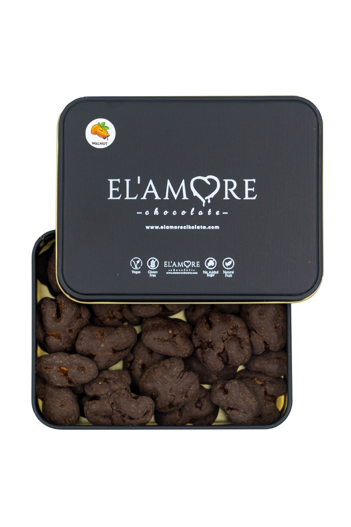 Şeker İlavesiz, Glütensiz, Vegan Cevizli Bitter Çikolata - Küçük Kare Metal Kutu, 150 gr
