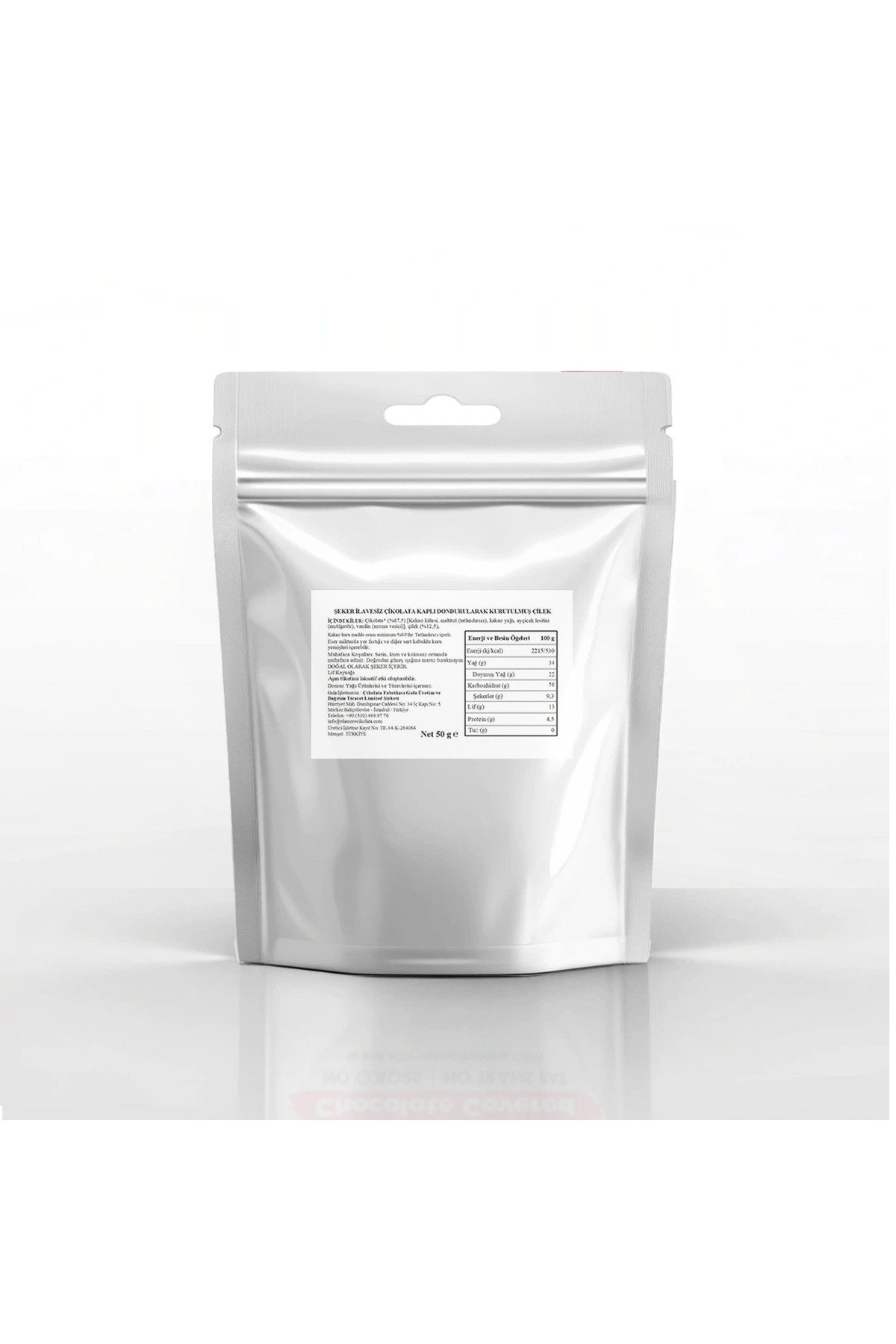 Şeker İlavesiz, Glütensiz, Vegan Freeze Dried Çilekli Bitter Çikolata - Doypack 50 gr