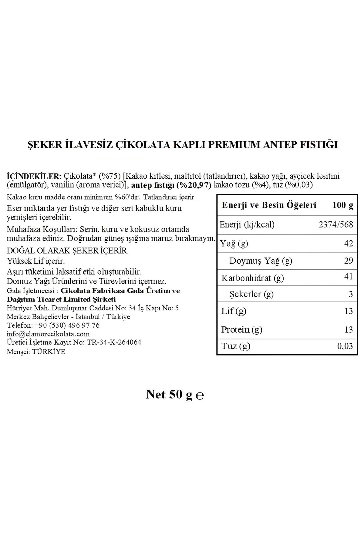 Şeker İlavesiz, Glütensiz, Vegan Premium Antep Fıstıklı Bitter Çikolata - Doypack 50 gr