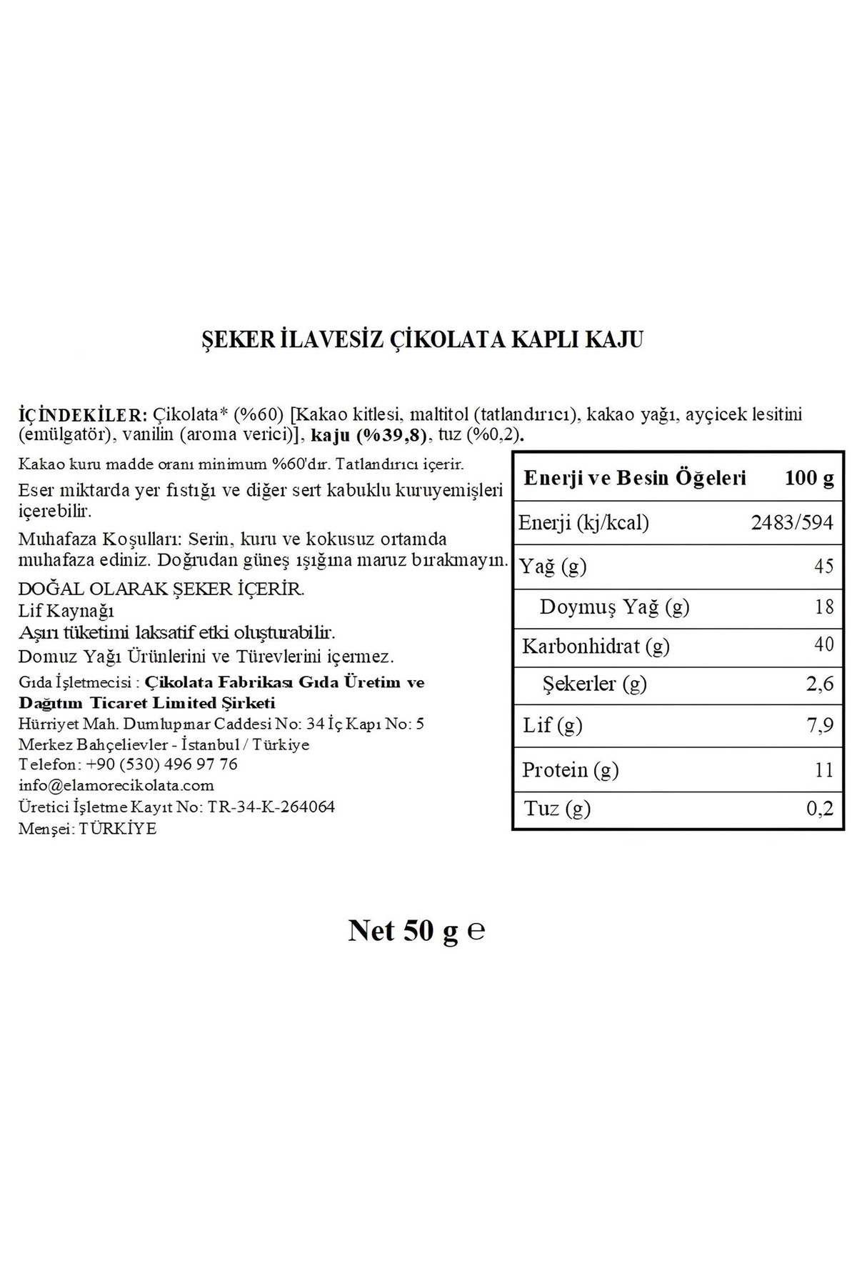 Şeker İlavesiz, Glütensiz, Vegan Kajulu Bitter Çikolata - Doypack 50 gr
