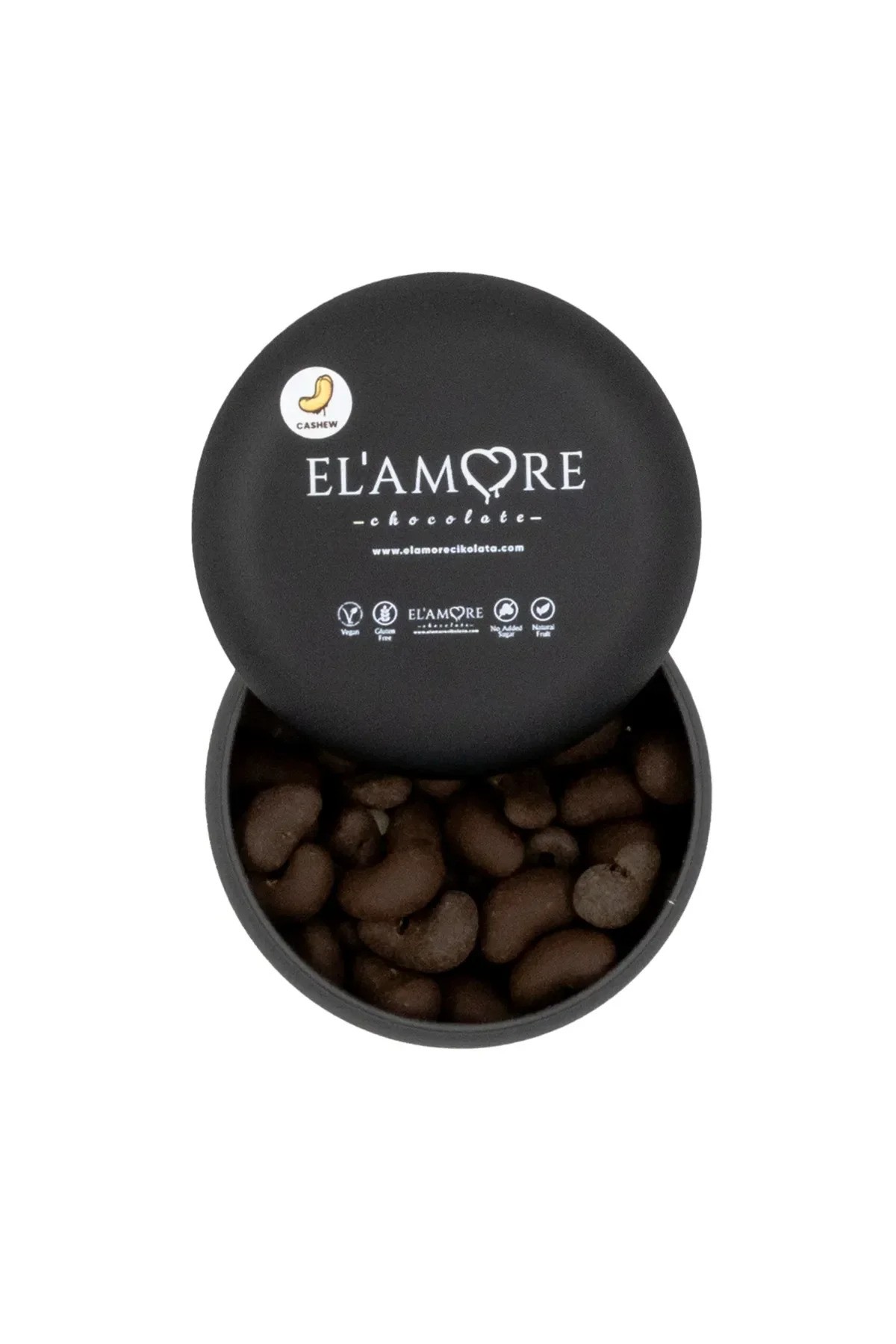 Şeker İlavesiz, Glütensiz, Vegan Turna Yemişli Bitter Çikolata - Siyah Yuvarlak Metal Kutu, 150 gr