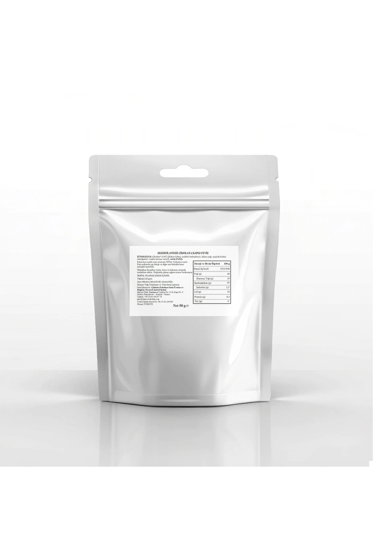 Şeker İlavesiz, Glütensiz, Vegan Cevizli Bitter Çikolata - Doypack 50 gr