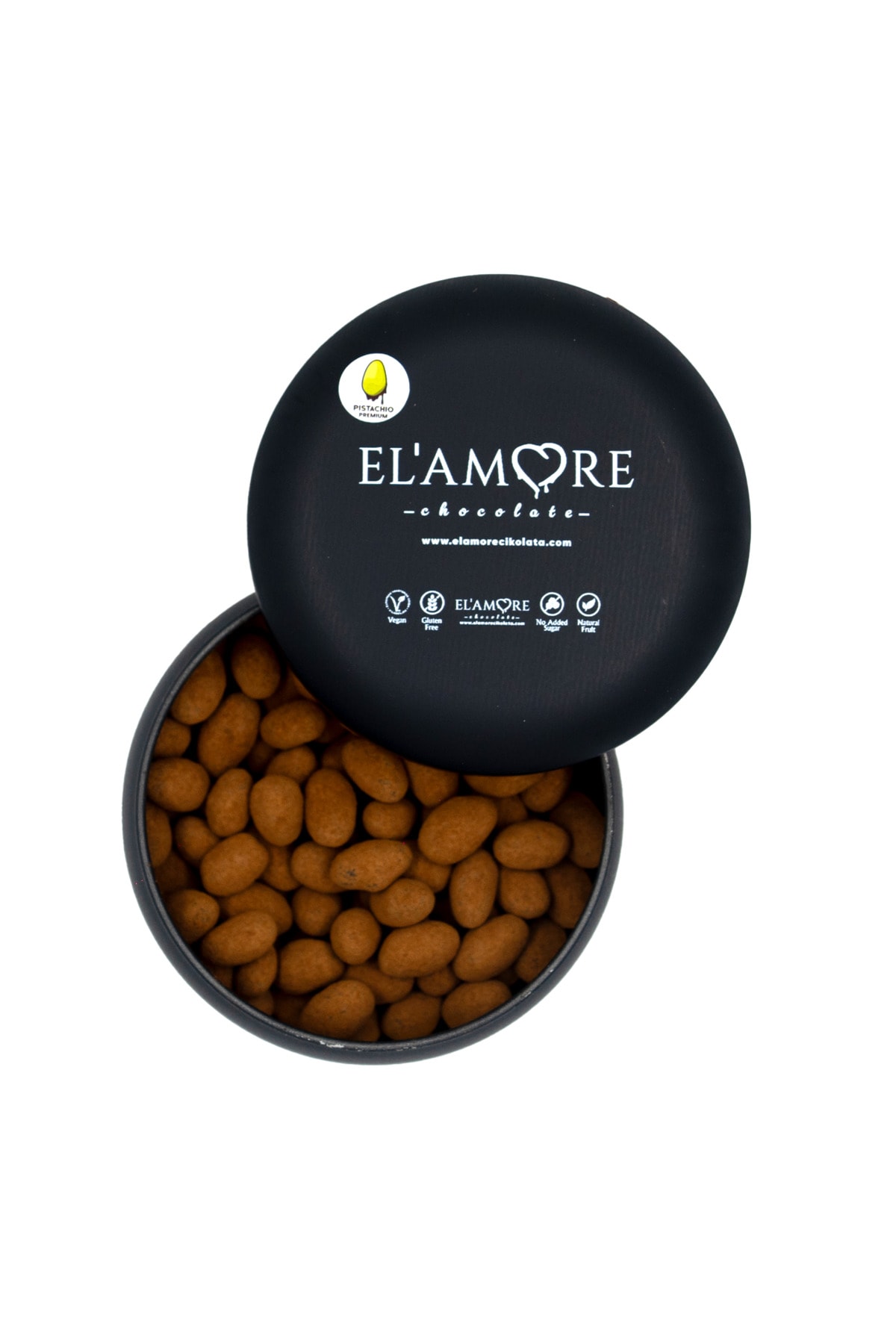 Şeker İlavesiz, Glütensiz, Vegan Premium Antep Fıstıklı Bitter Çikolata - Siyah Yuvarlak Kutu, 150 g