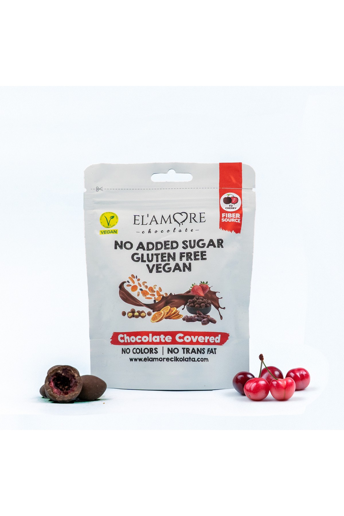 Şeker İlavesiz, Glütensiz, Vegan Freeze Dried Vişneli Bitter Çikolata - Doypack 50 gr