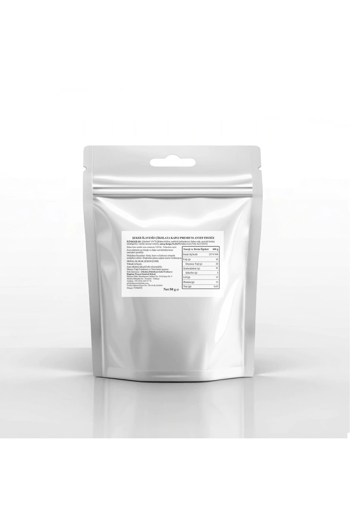 Şeker İlavesiz, Glütensiz, Vegan Premium Antep Fıstıklı Bitter Çikolata - Doypack 50 gr