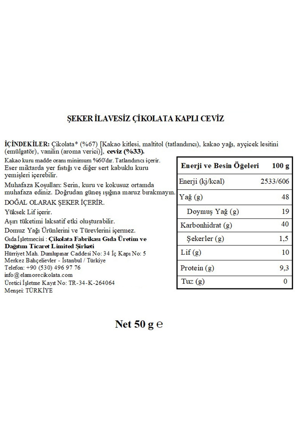 Şeker İlavesiz, Glütensiz, Vegan Cevizli Bitter Çikolata - Doypack 50 gr