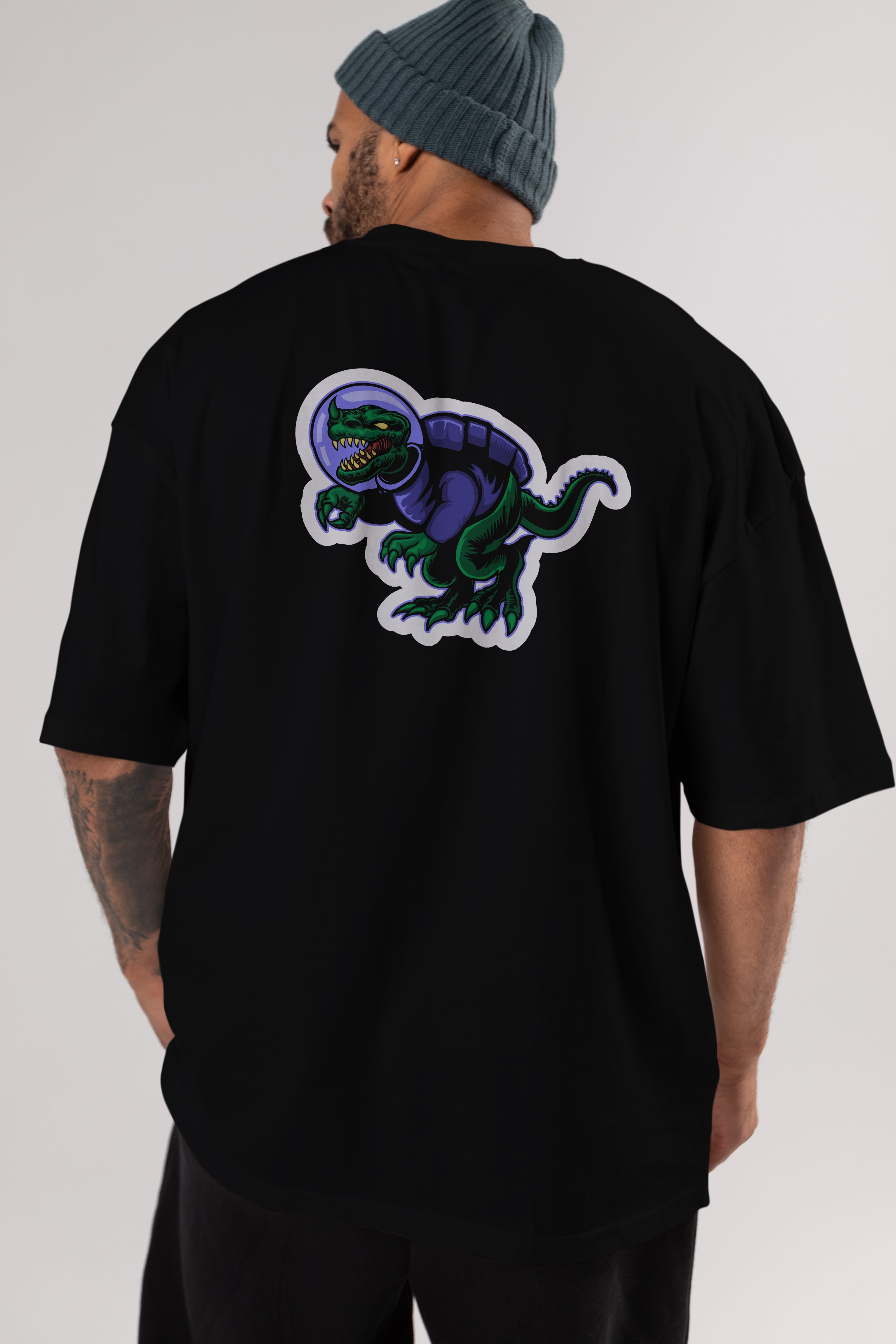 Space Dino Sticker Arka Baskılı Oversize t-shirt Erkek Kadın Unisex