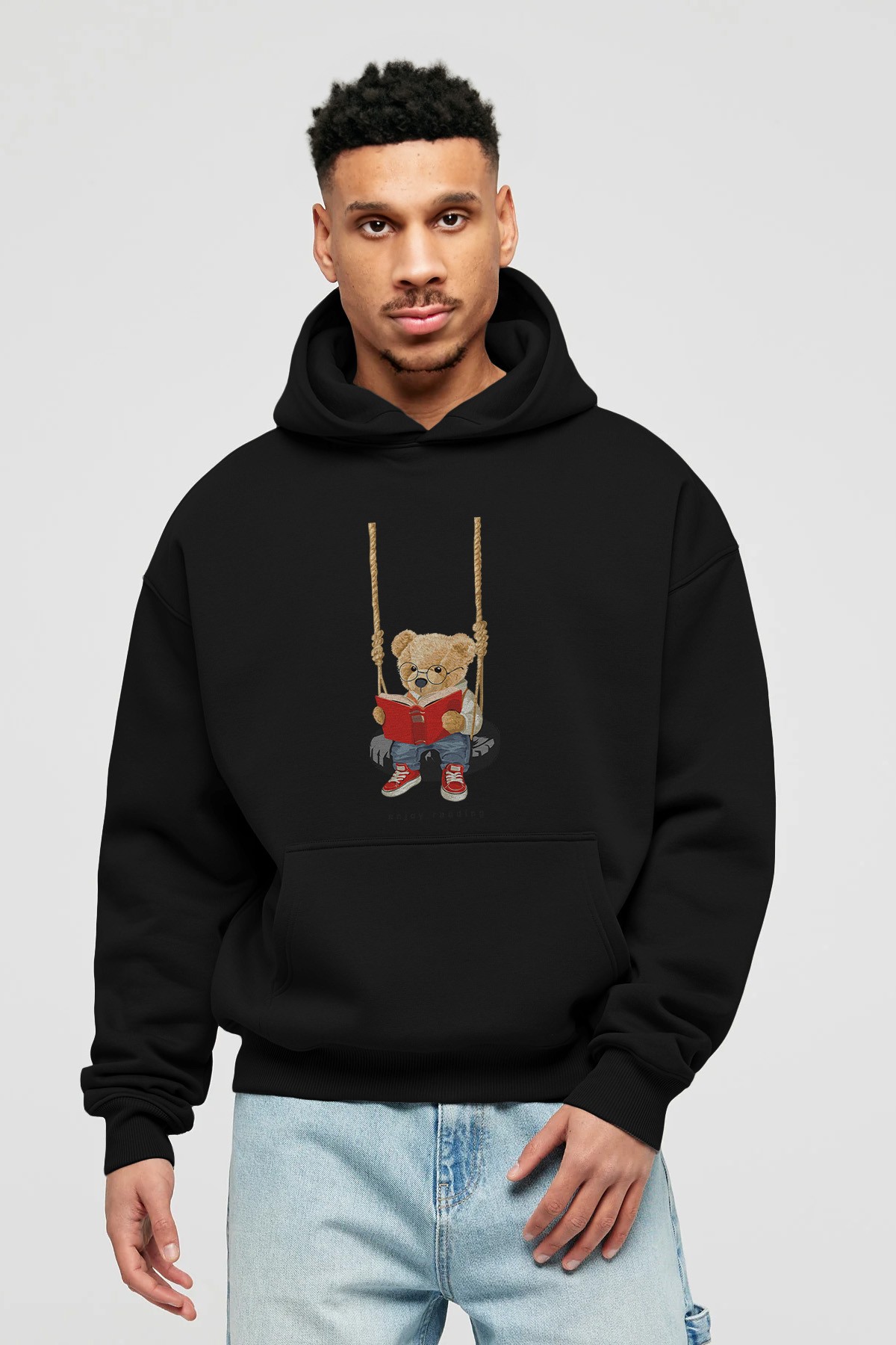 Teddy Bear Enjoy Reading Ön Baskılı Hoodie Oversize Kapüşonlu Sweatshirt Erkek Kadın Unisex