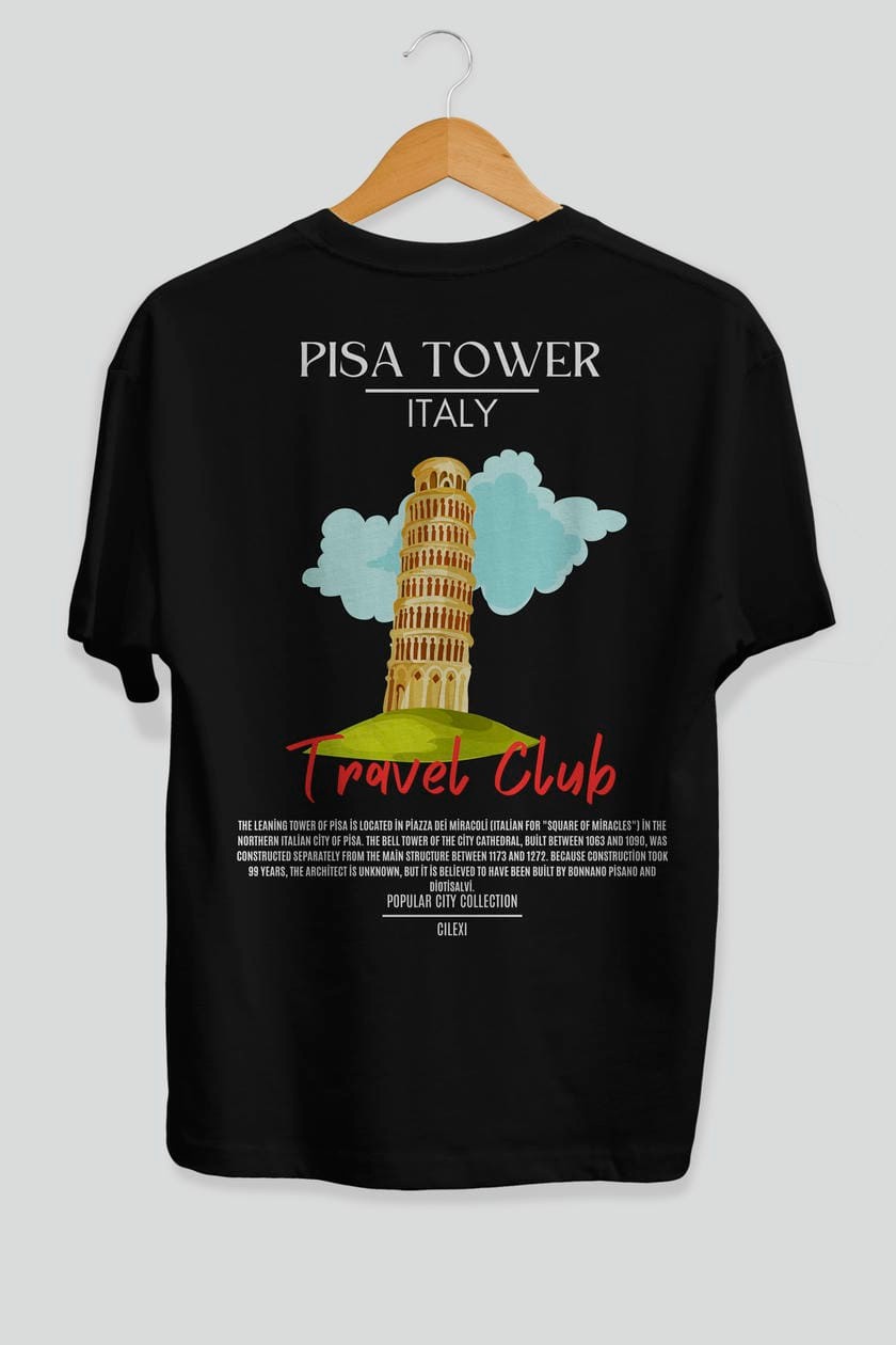 Pisa Tower İtaly Arka Baskılı Oversize t-shirt Erkek Kadın Pamuk Bisiklet Yaka tişort