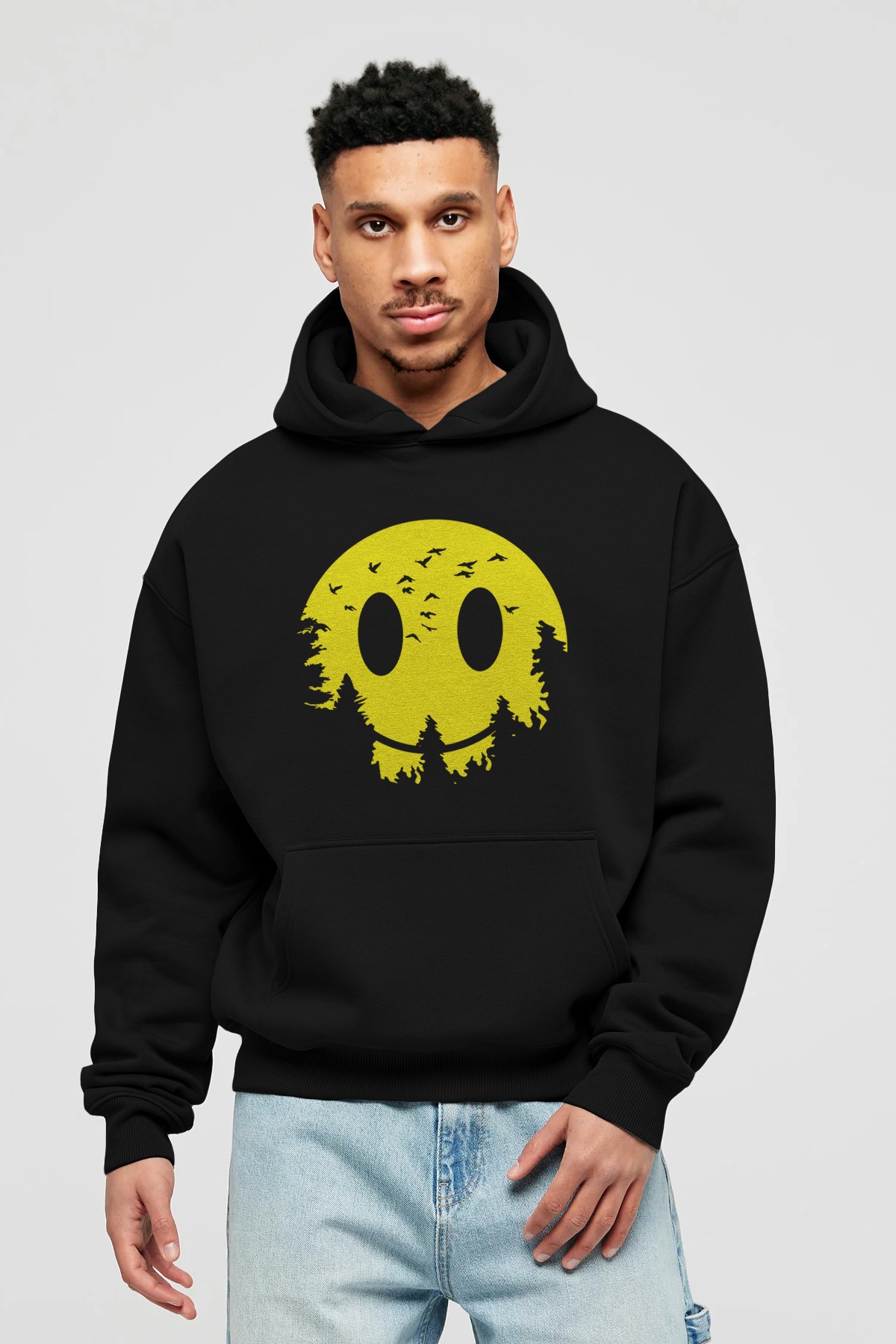 Smiley Moon Ön Baskılı Hoodie Oversize Kapüşonlu Sweatshirt Erkek Kadın Unisex