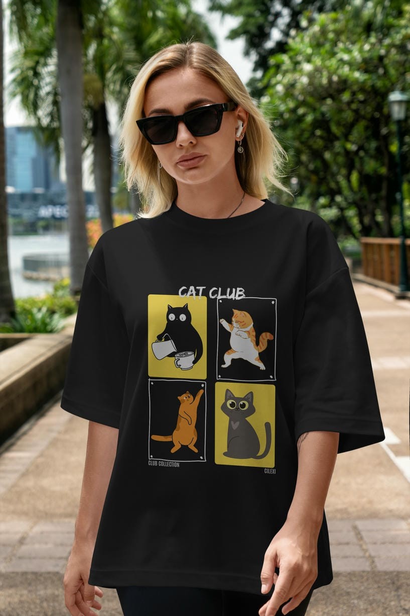 Cat Club ön Baskılı Oversize t-shirt Erkek Kadın %100 Pamuk Bisiklet Yaka tişort