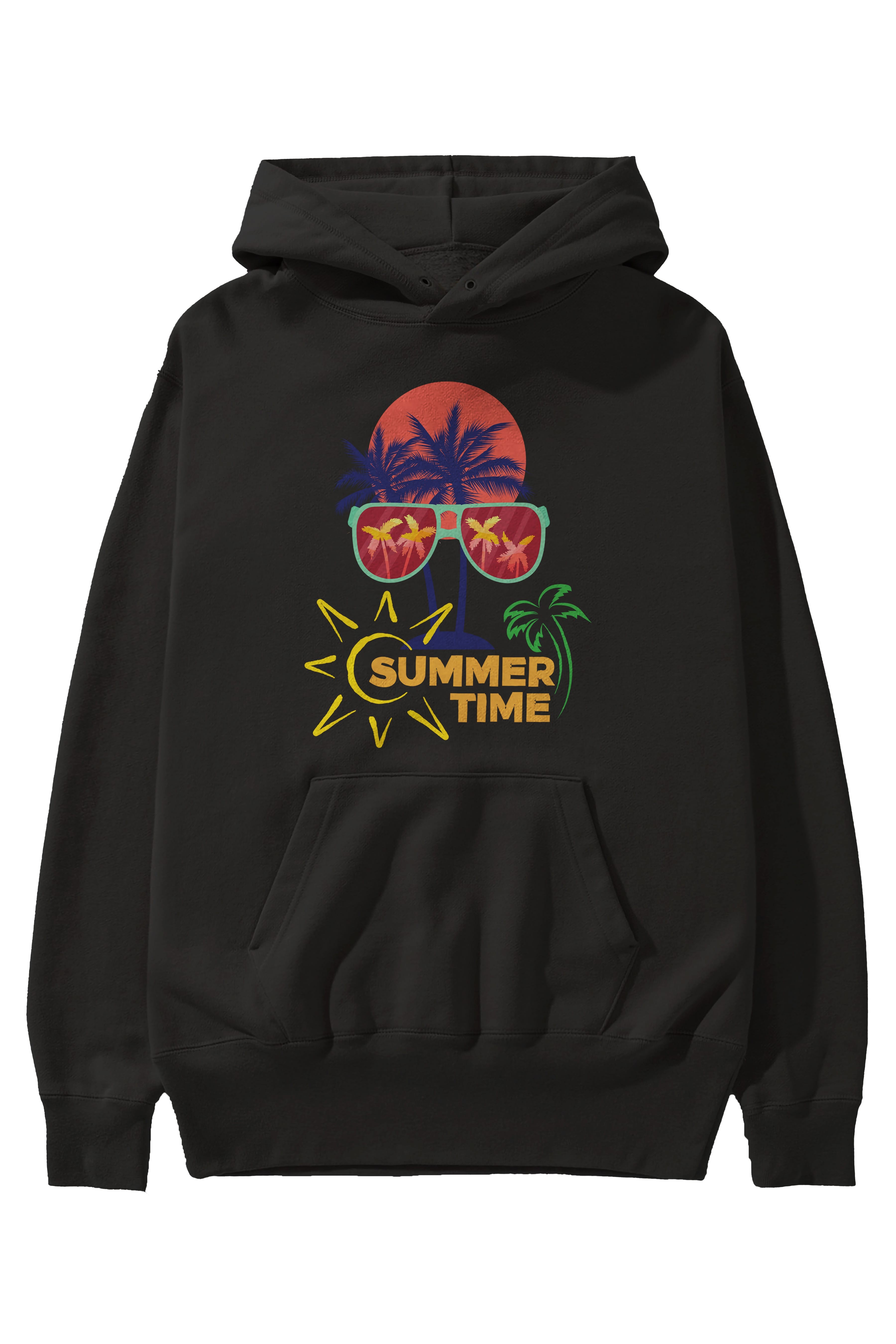 Summer Time Yazılı Ön Baskılı Oversize Hoodie Kapüşonlu Sweatshirt Erkek Kadın Unisex