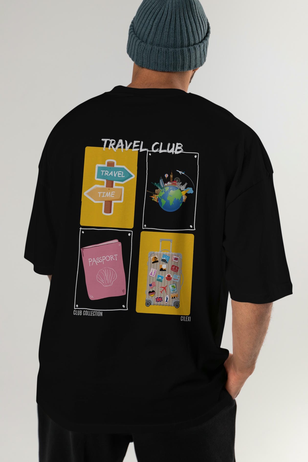 Travel Club Arka Baskılı Oversize t-shirt Erkek Kadın %100 Pamuk Bisiklet Yaka tişort