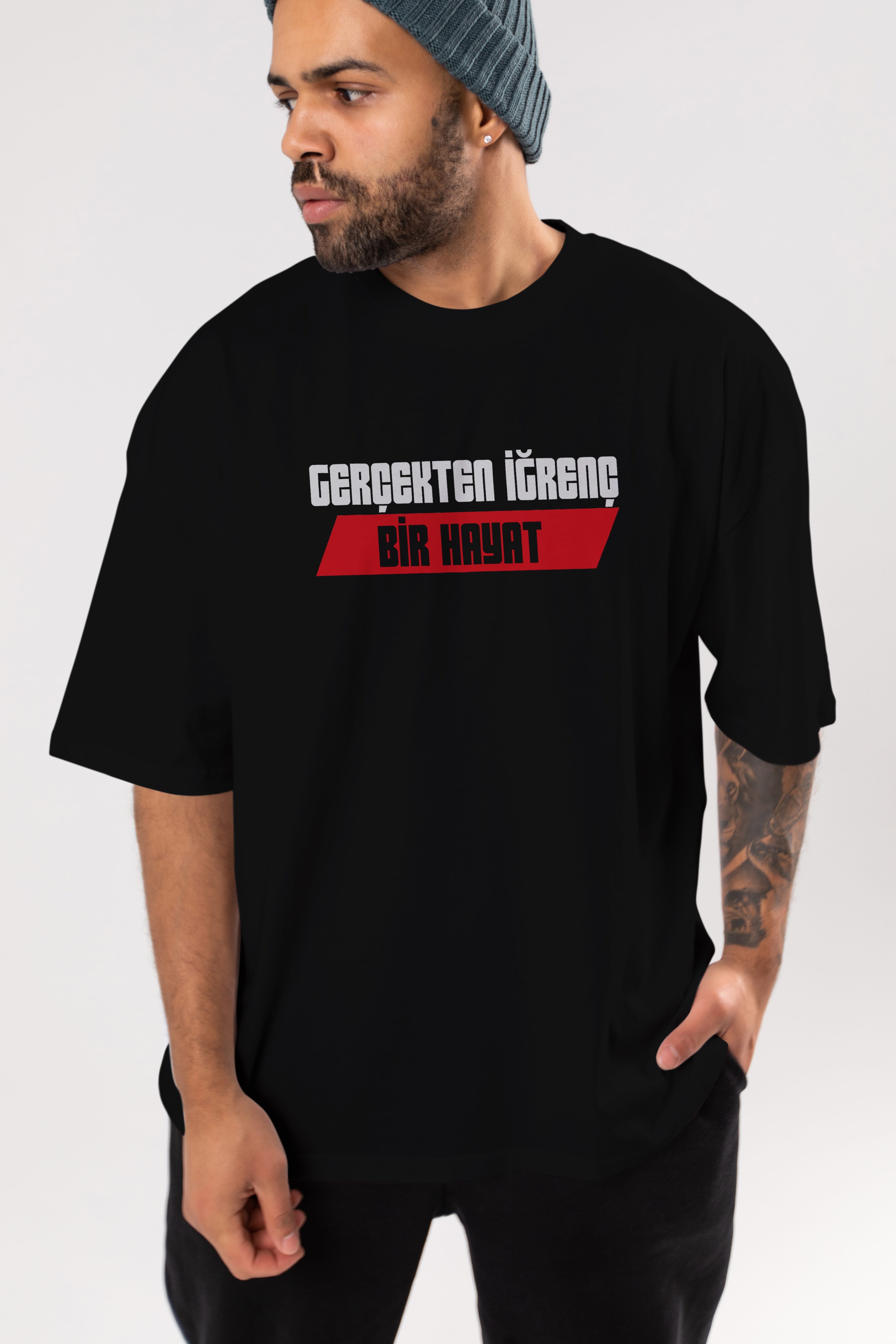 Gerçekte İğrenç Bir Hayat2 Ön Baskılı Oversize t-shirt %100 pamuk Erkek Kadın Unisex