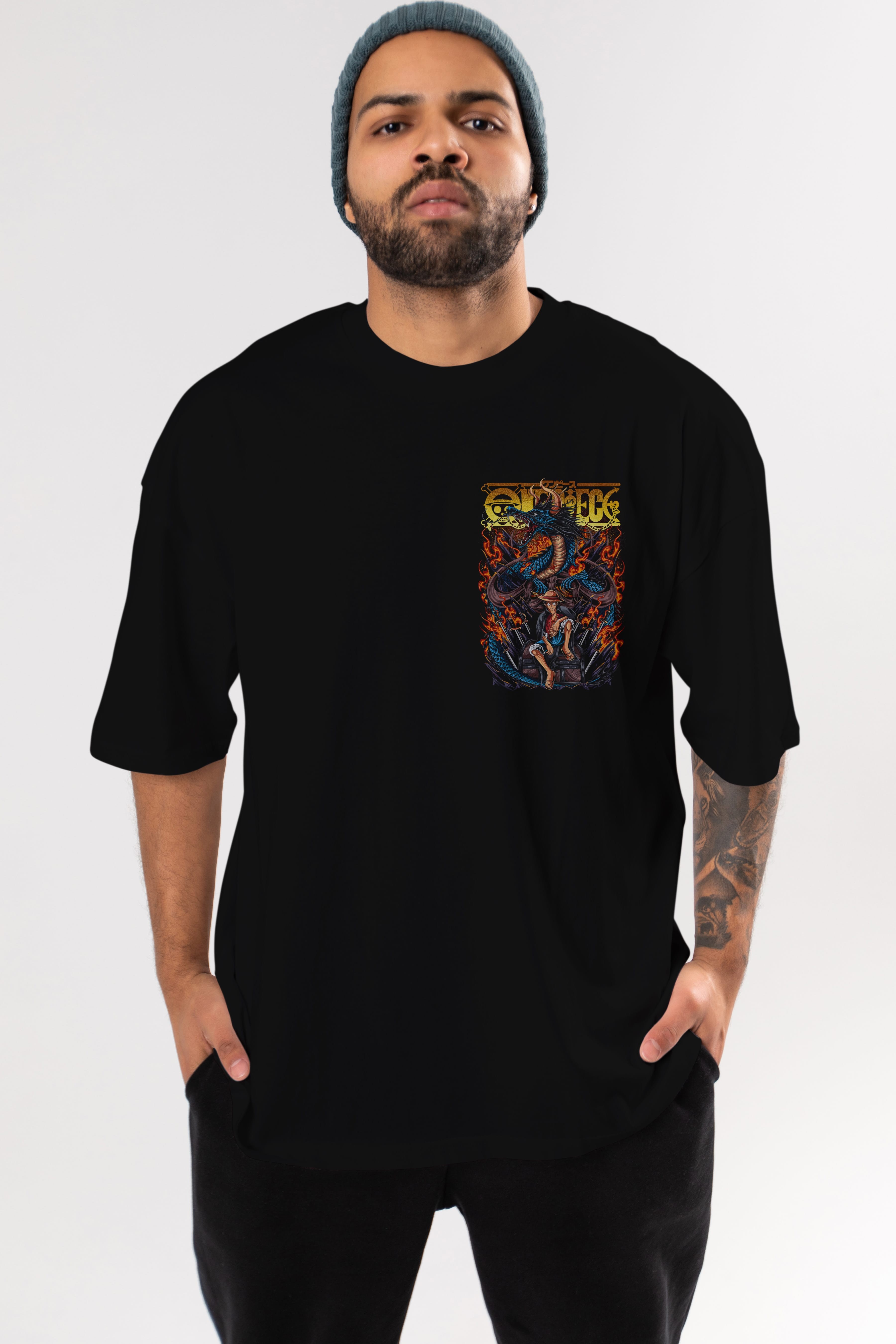 MONKEY D. LUFF-ONE PIECE Ön Sol Baskılı Oversize t-shirt Erkek Kadın Unisex %100 Pamuk Bisiklet Yaka tişort