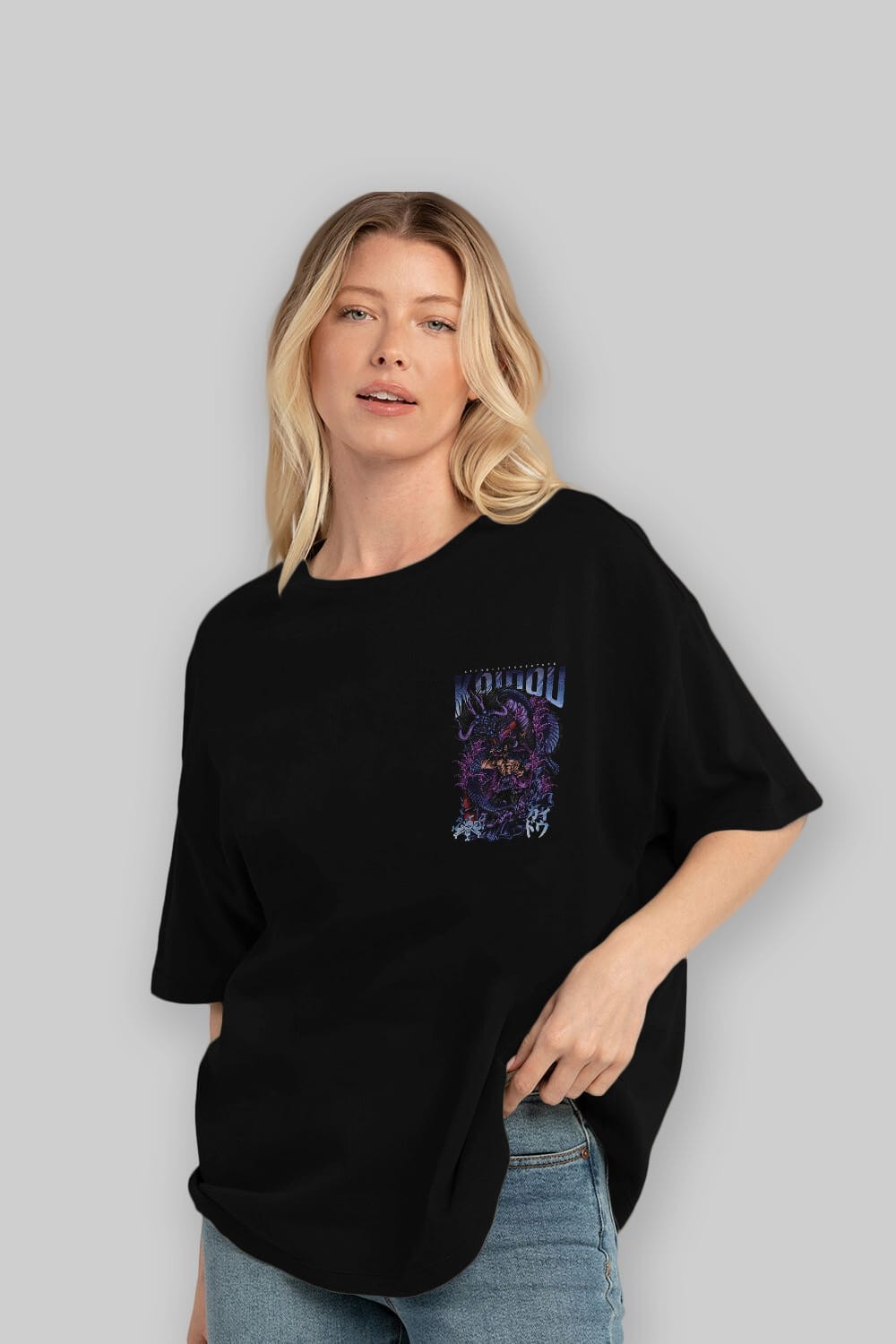 KAIDOU ONE PIECE Ön Sol Baskılı Oversize t-shirt Erkek Kadın Unisex %100 Pamuk Bisiklet Yaka tişort