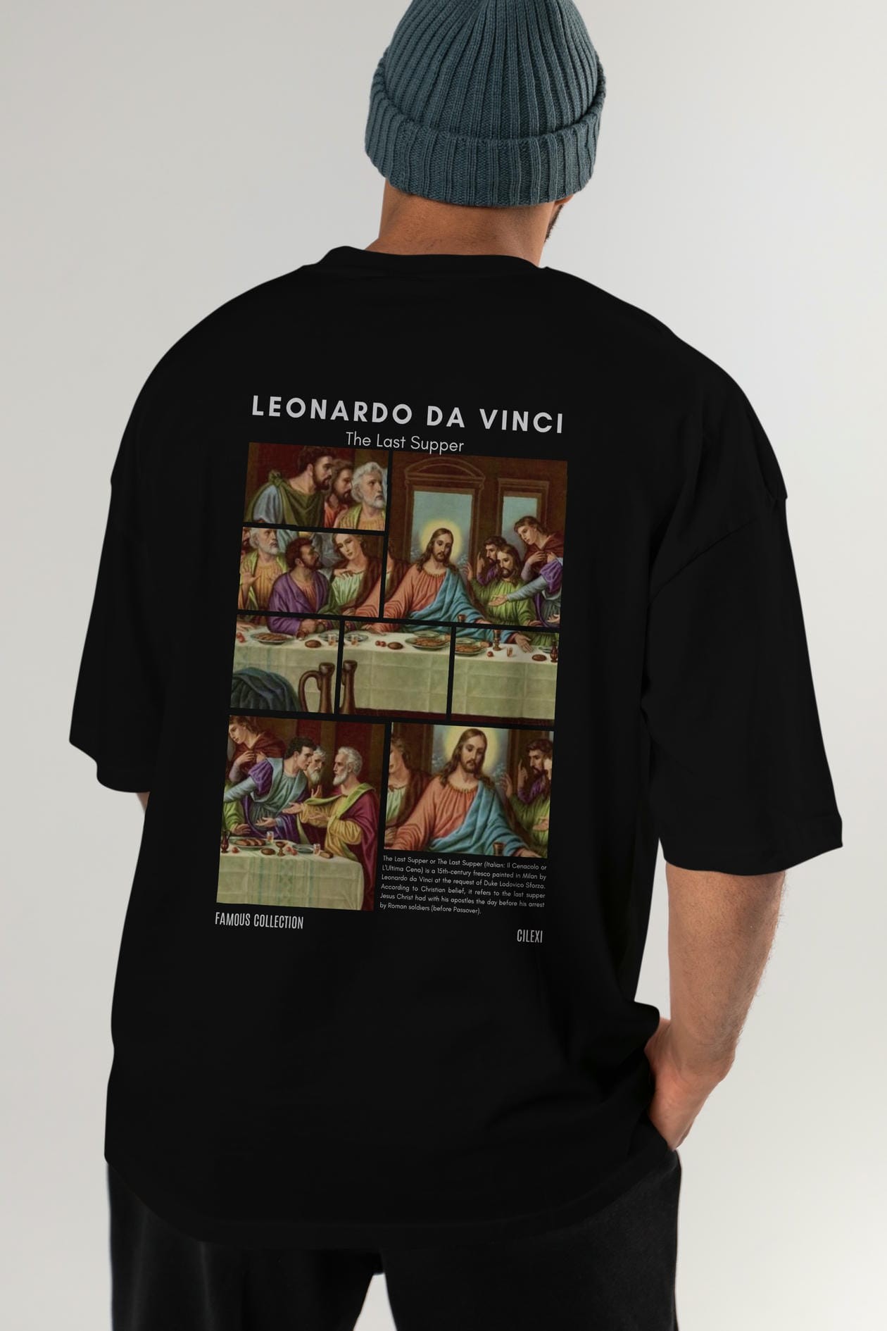 Leonardo Da Vinci Arka Baskılı Oversize t-shirt Erkek Kadın Bisiklet Yaka Pamuk tişort