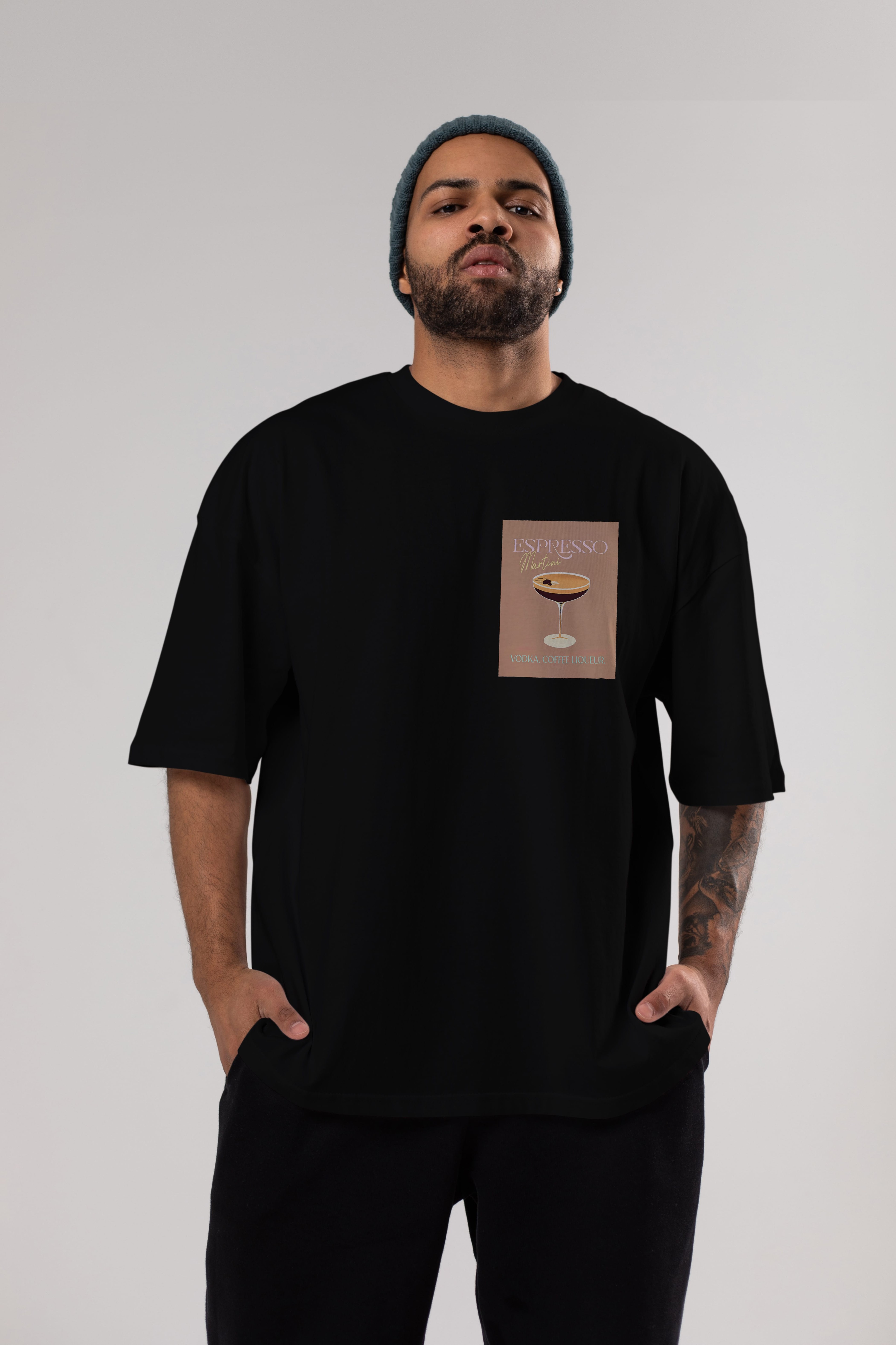 Espresso Martini Cocktail Ön Sol Baskılı Oversize t-shirt Erkek Kadın Unisex %100 Pamuk Bisiklet Yaka tişort