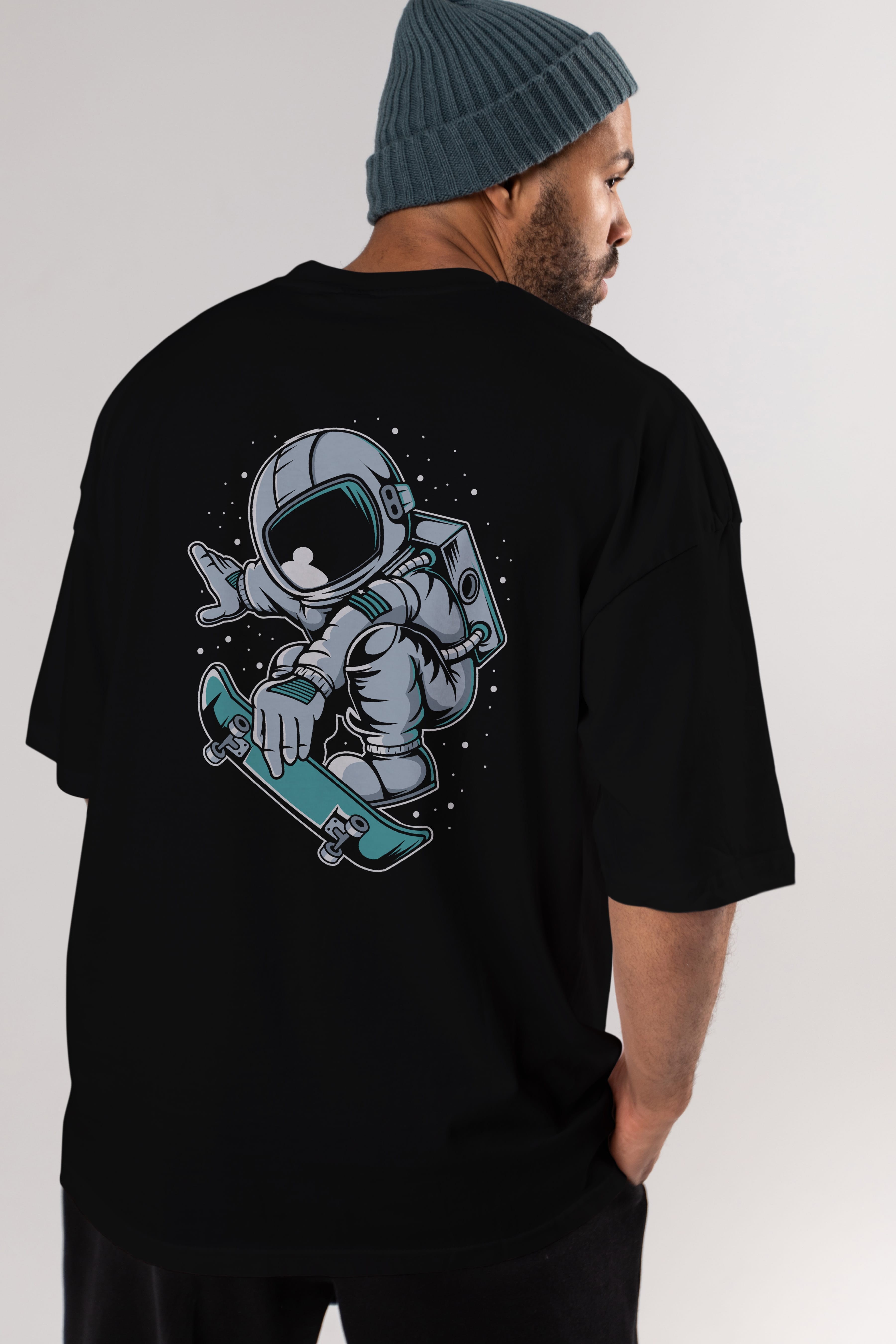 Astronaut Skateboard Jump Arka Baskılı Oversize t-shirt Erkek Kadın Unisex