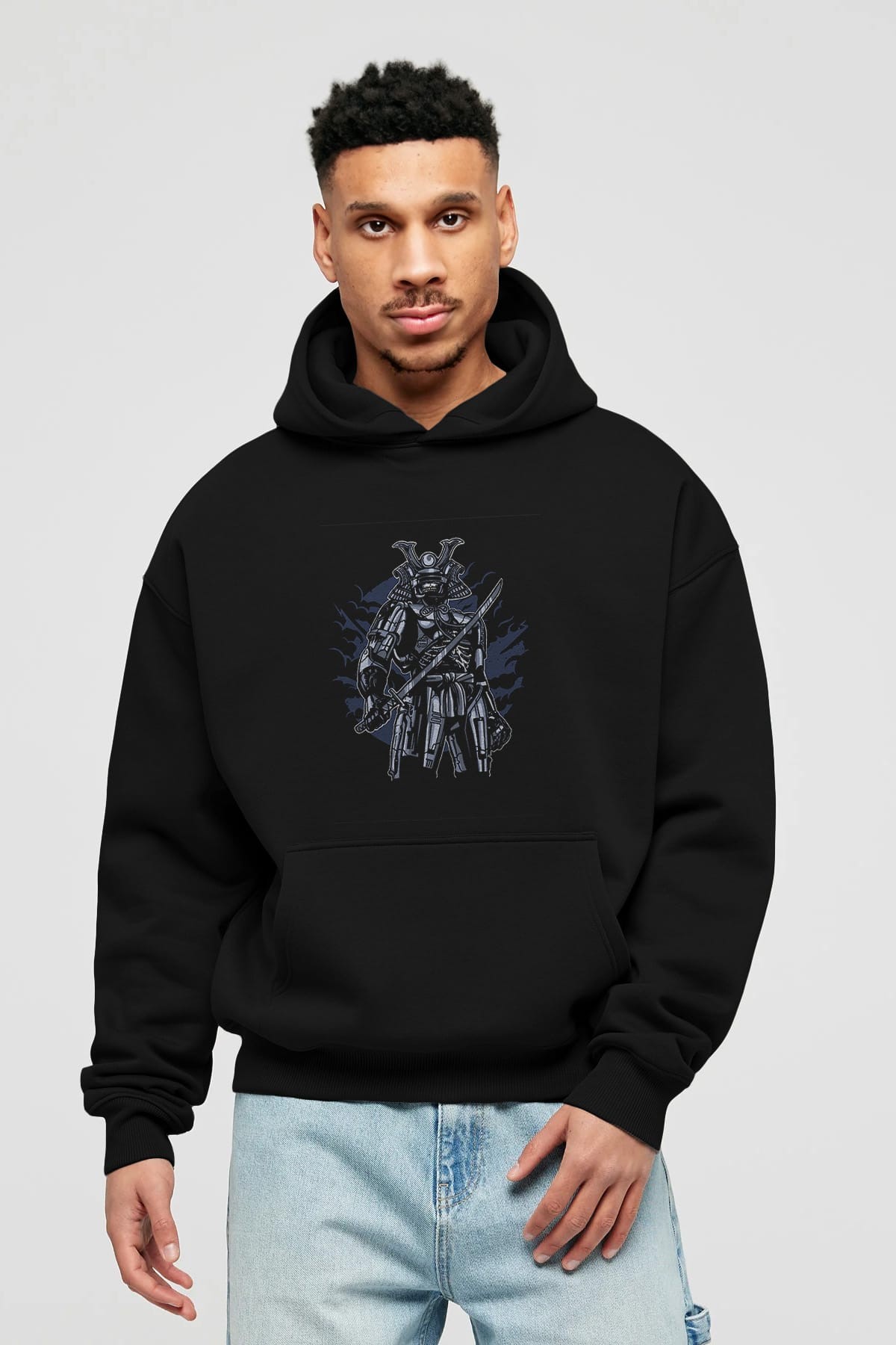 Samurai Robot Skull Ön Baskılı Hoodie Oversize Kapüşonlu Sweatshirt Erkek Kadın Unisex